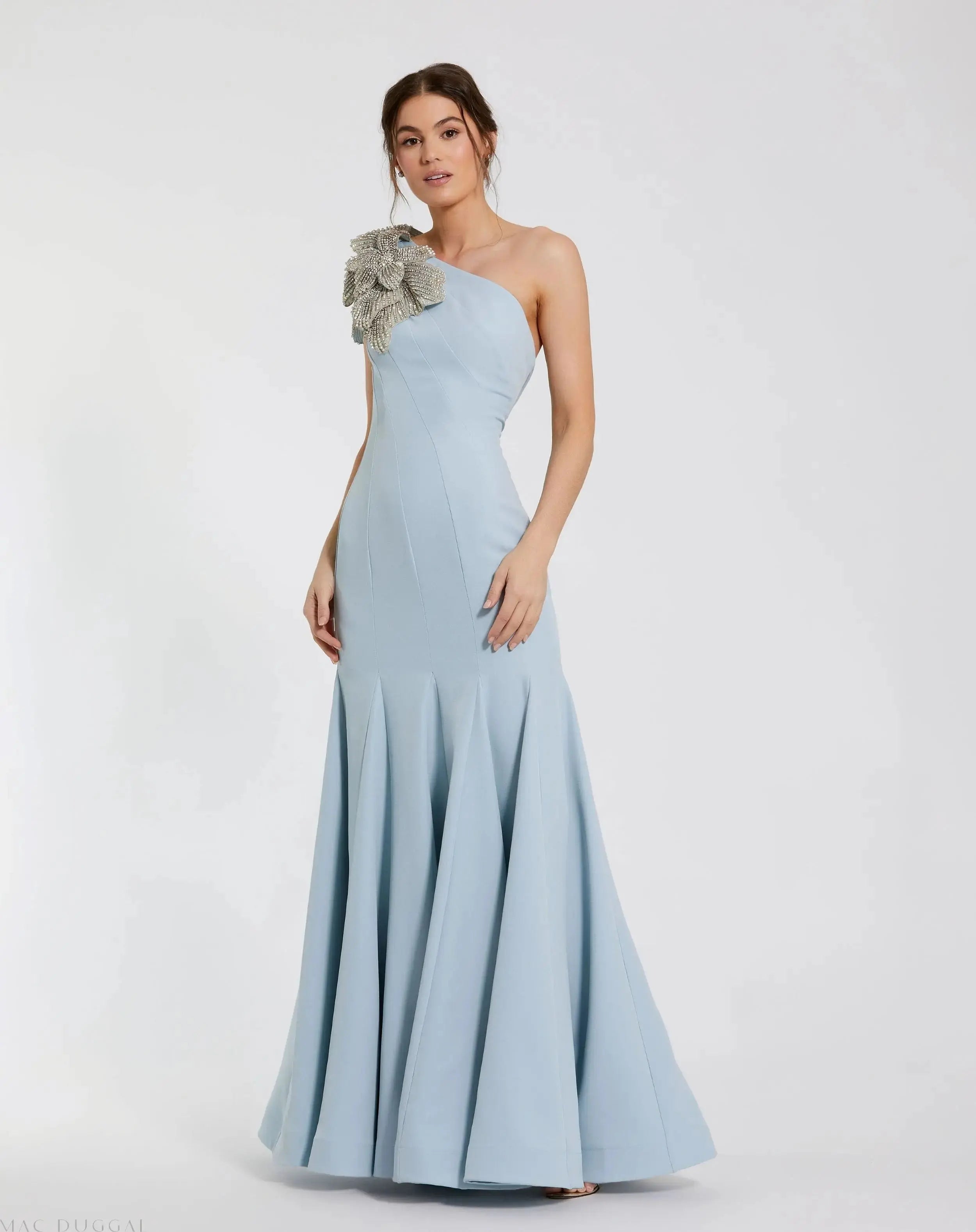 Blue Crepe One Shoulder Gown With Crystal Flower-Myartka