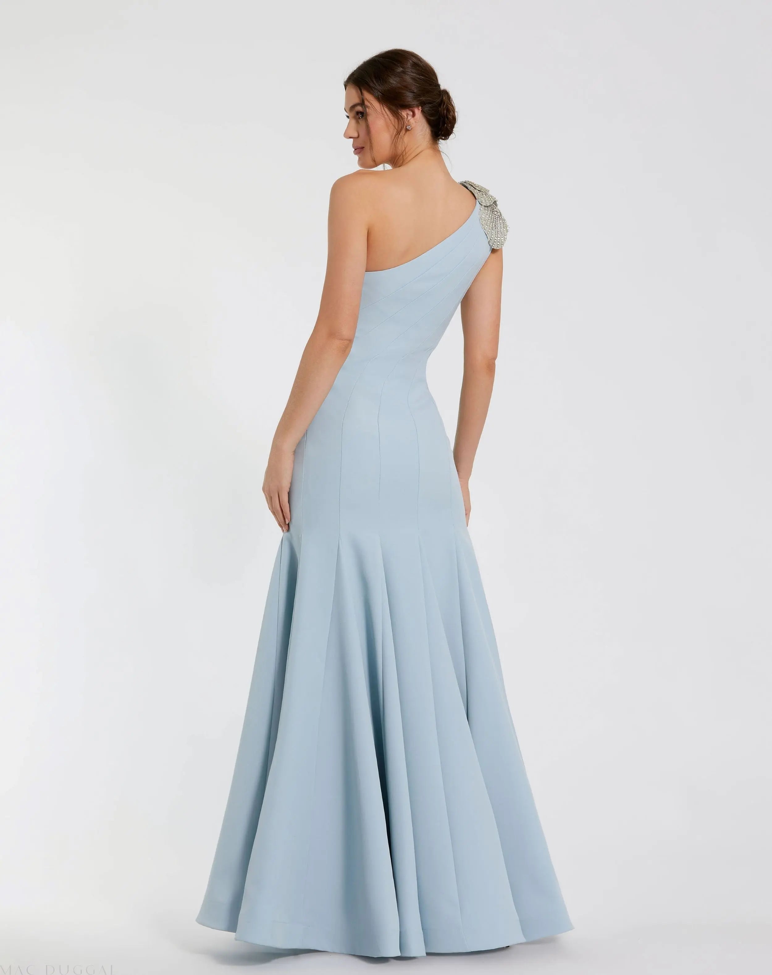 Blue Crepe One Shoulder Gown With Crystal Flower-Myartka