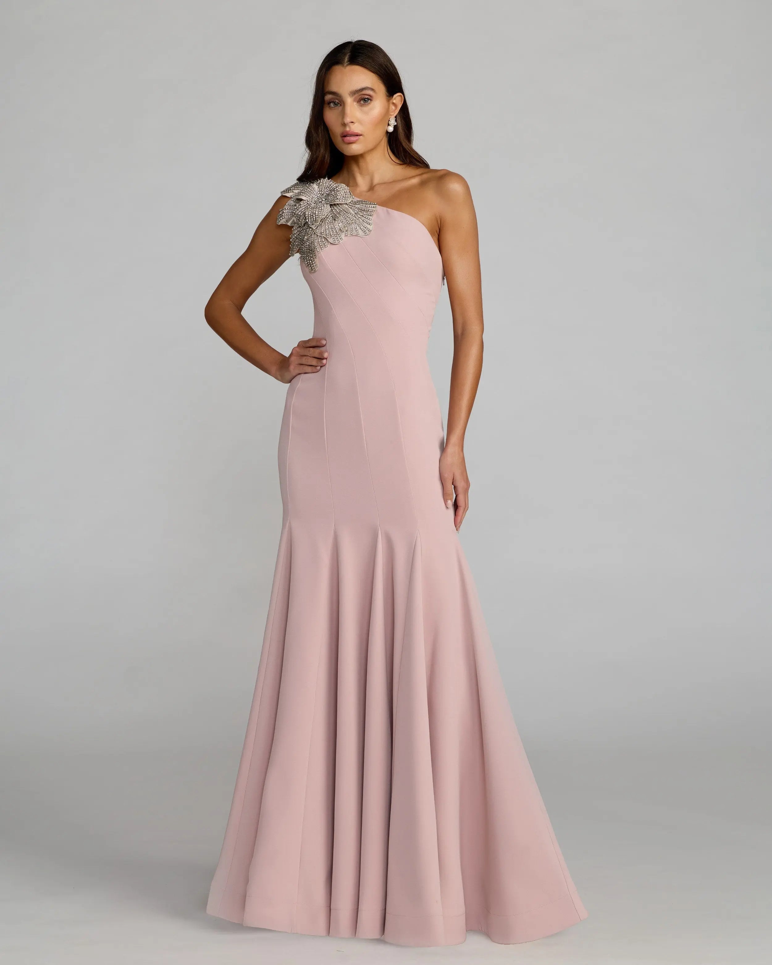 Pink Crepe One Shoulder Gown With Crystal Flower-Myartka