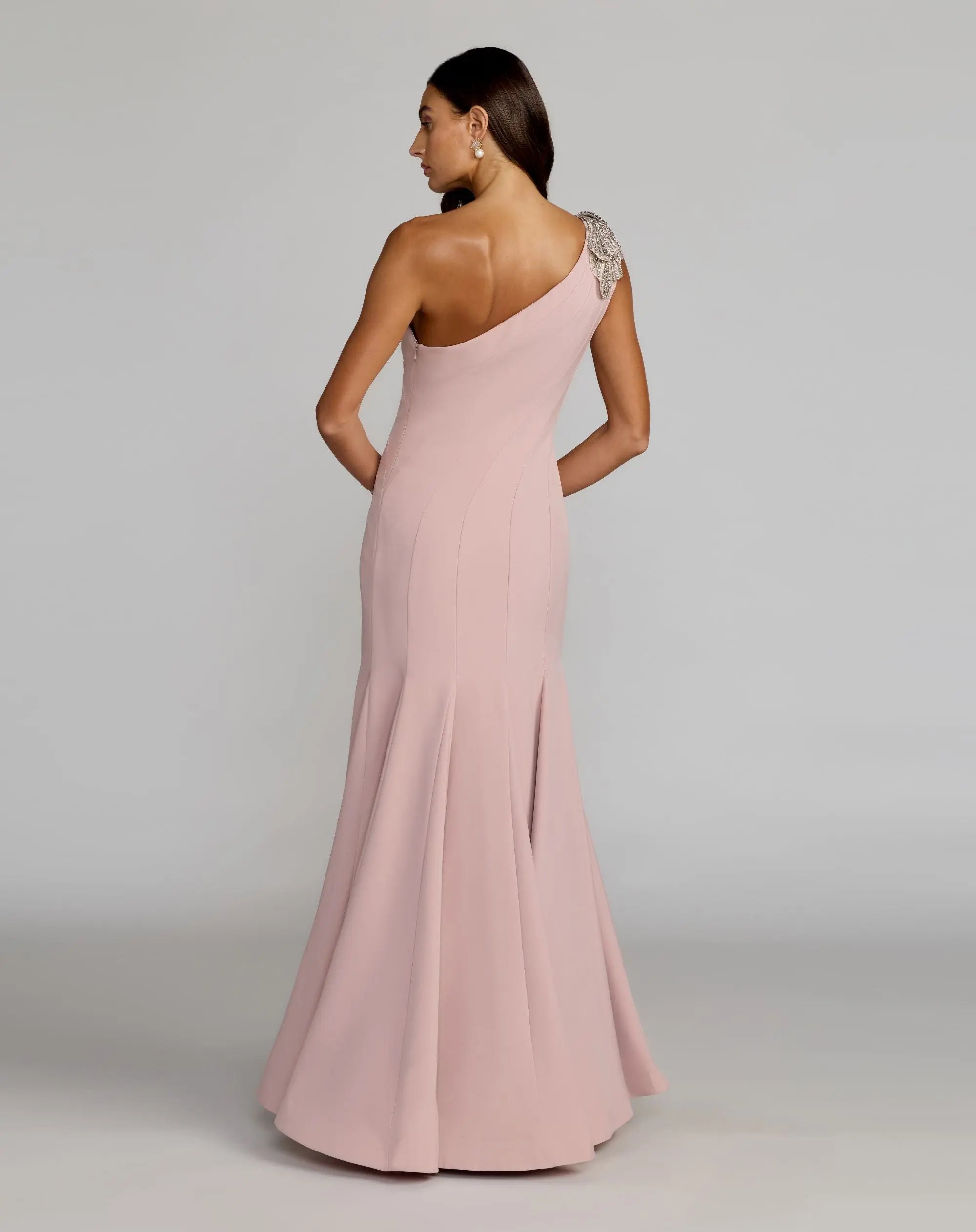 Pink Crepe One Shoulder Gown With Crystal Flower-Myartka