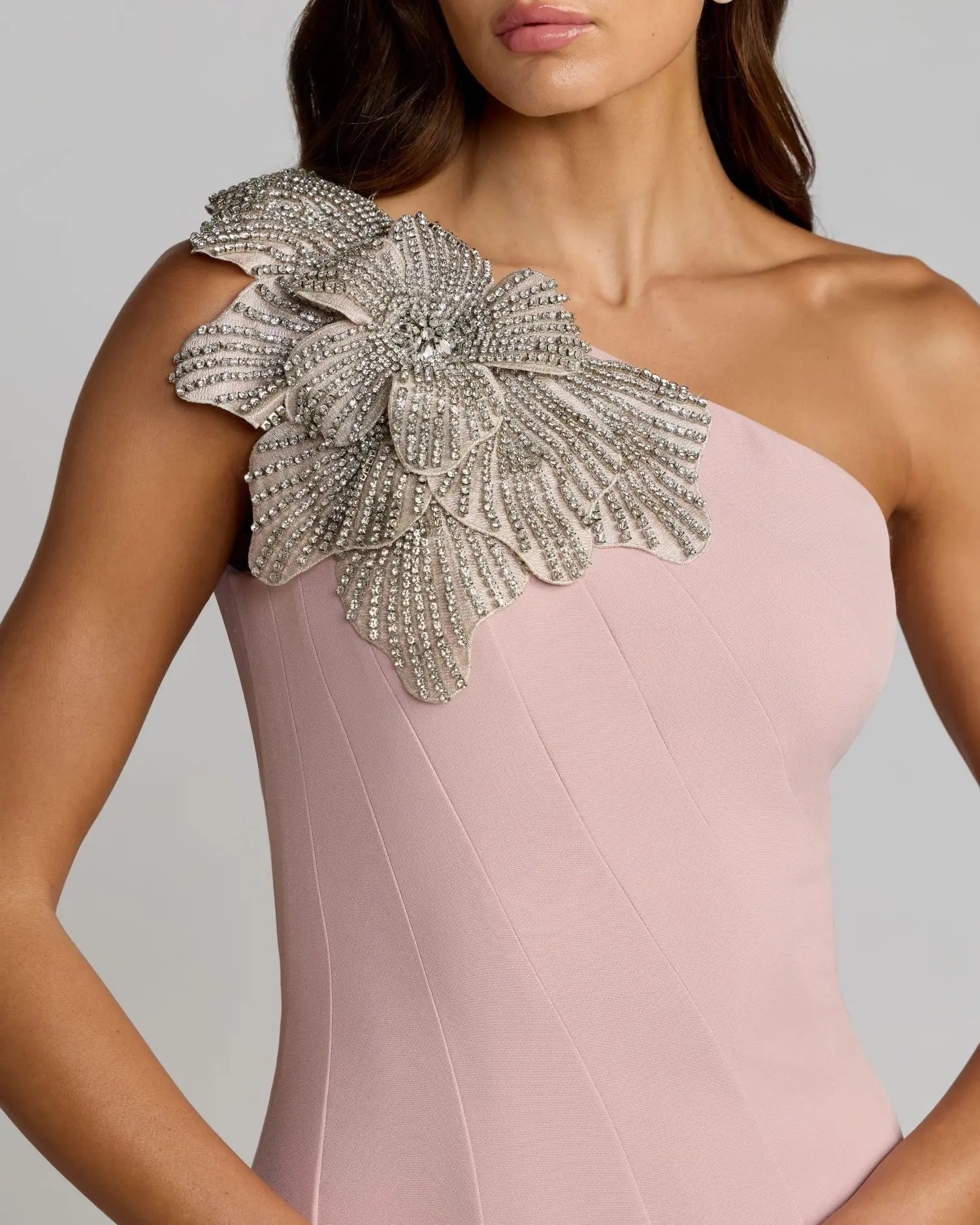 Pink Crepe One Shoulder Gown With Crystal Flower-Myartka