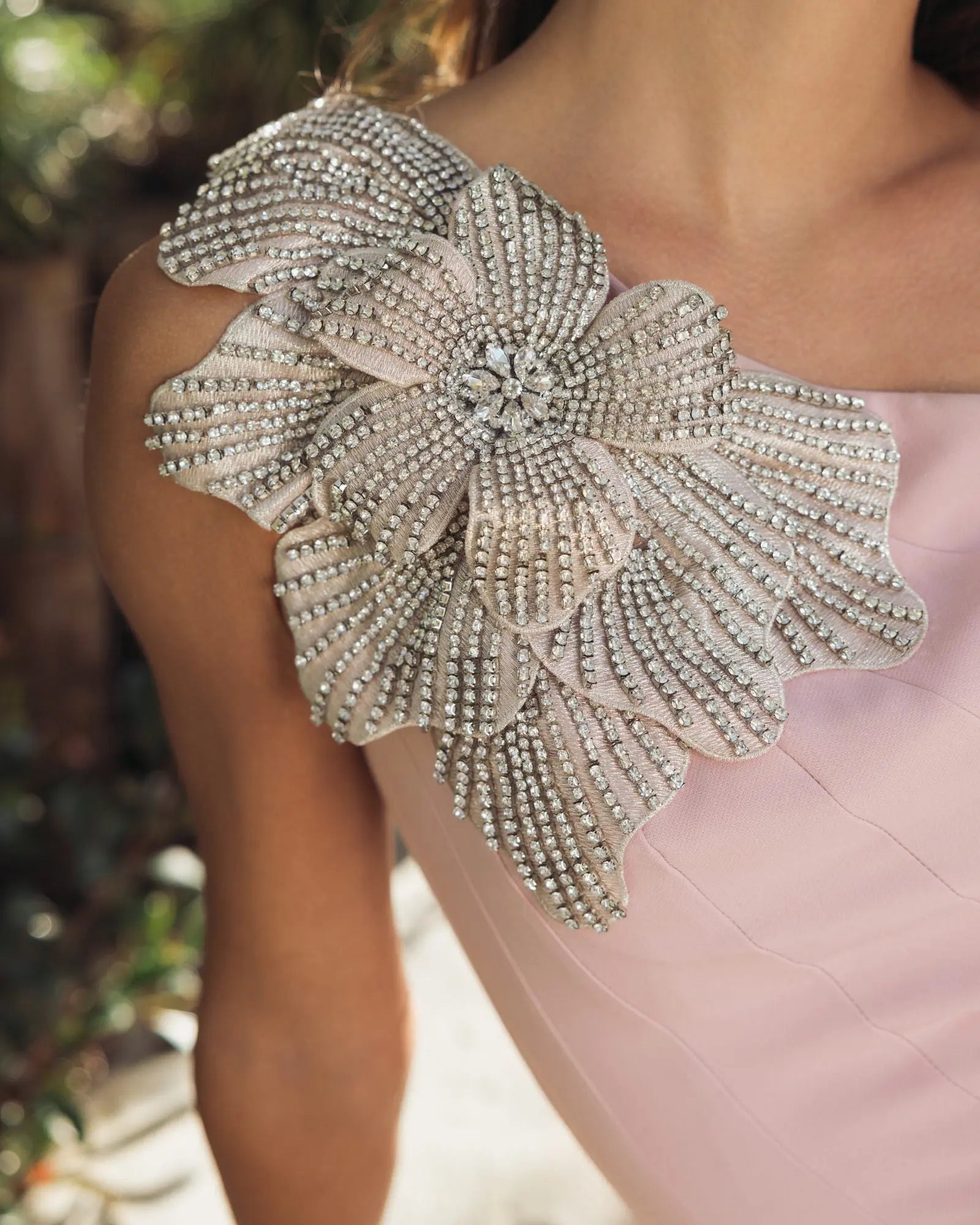 Pink Crepe One Shoulder Gown With Crystal Flower-Myartka