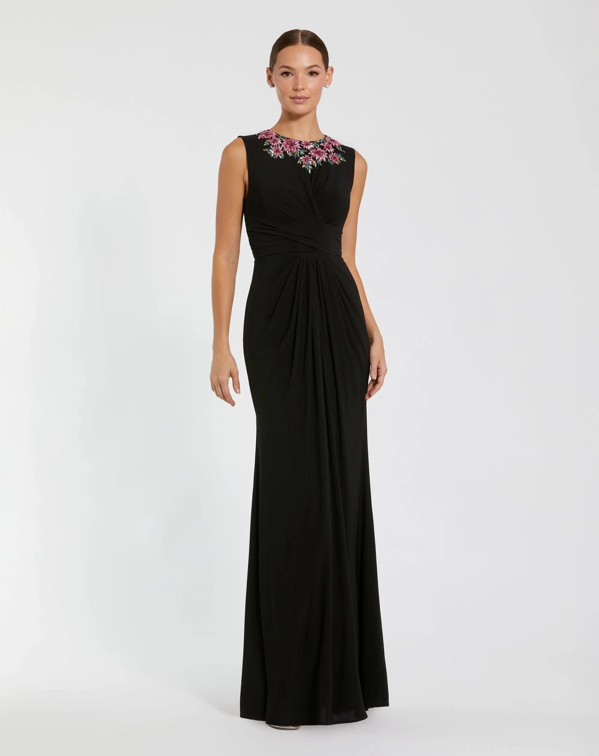 Black Jersey Twist Gown With Embellished Neckline-Myartka