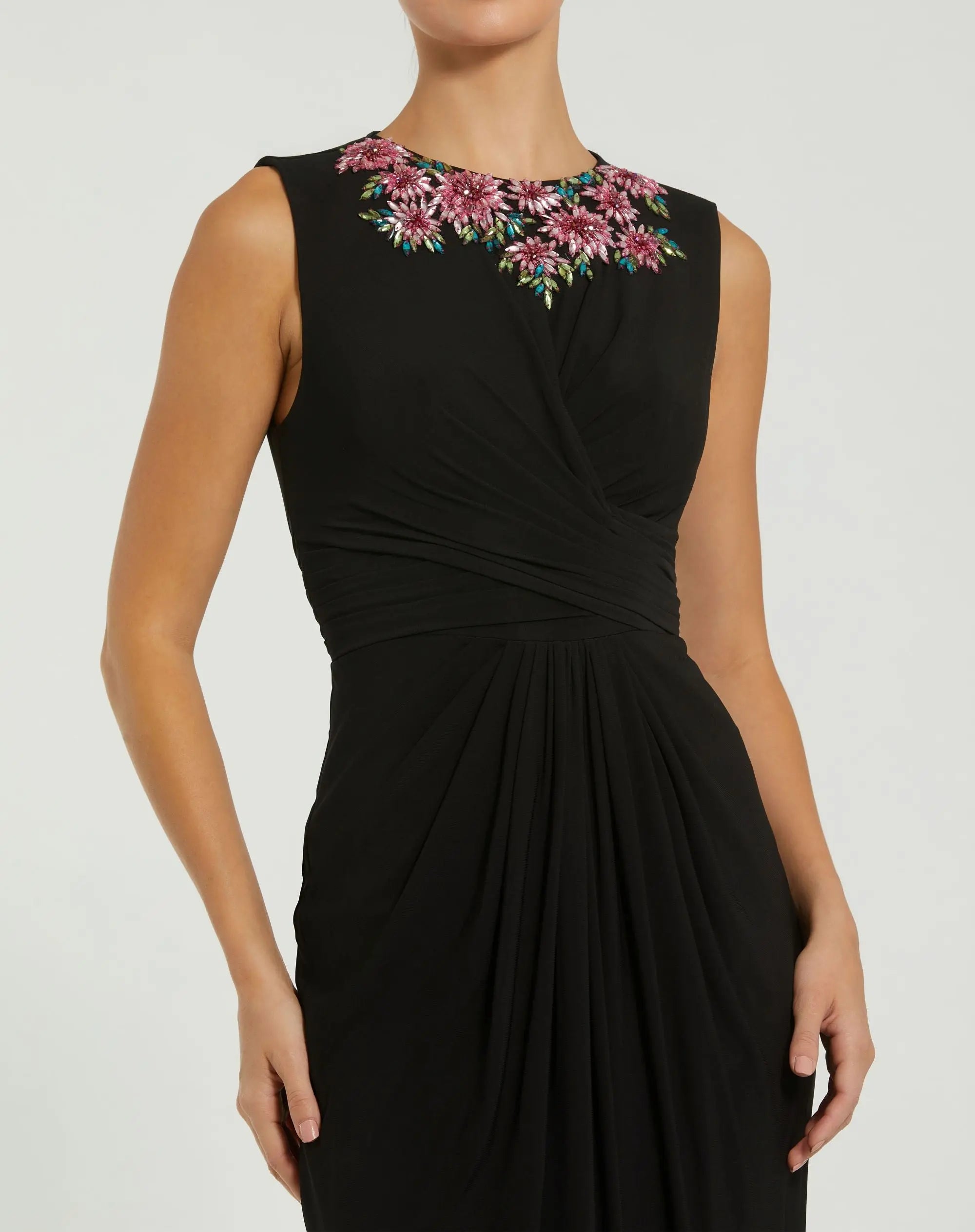 Black Jersey Twist Gown With Embellished Neckline-Myartka