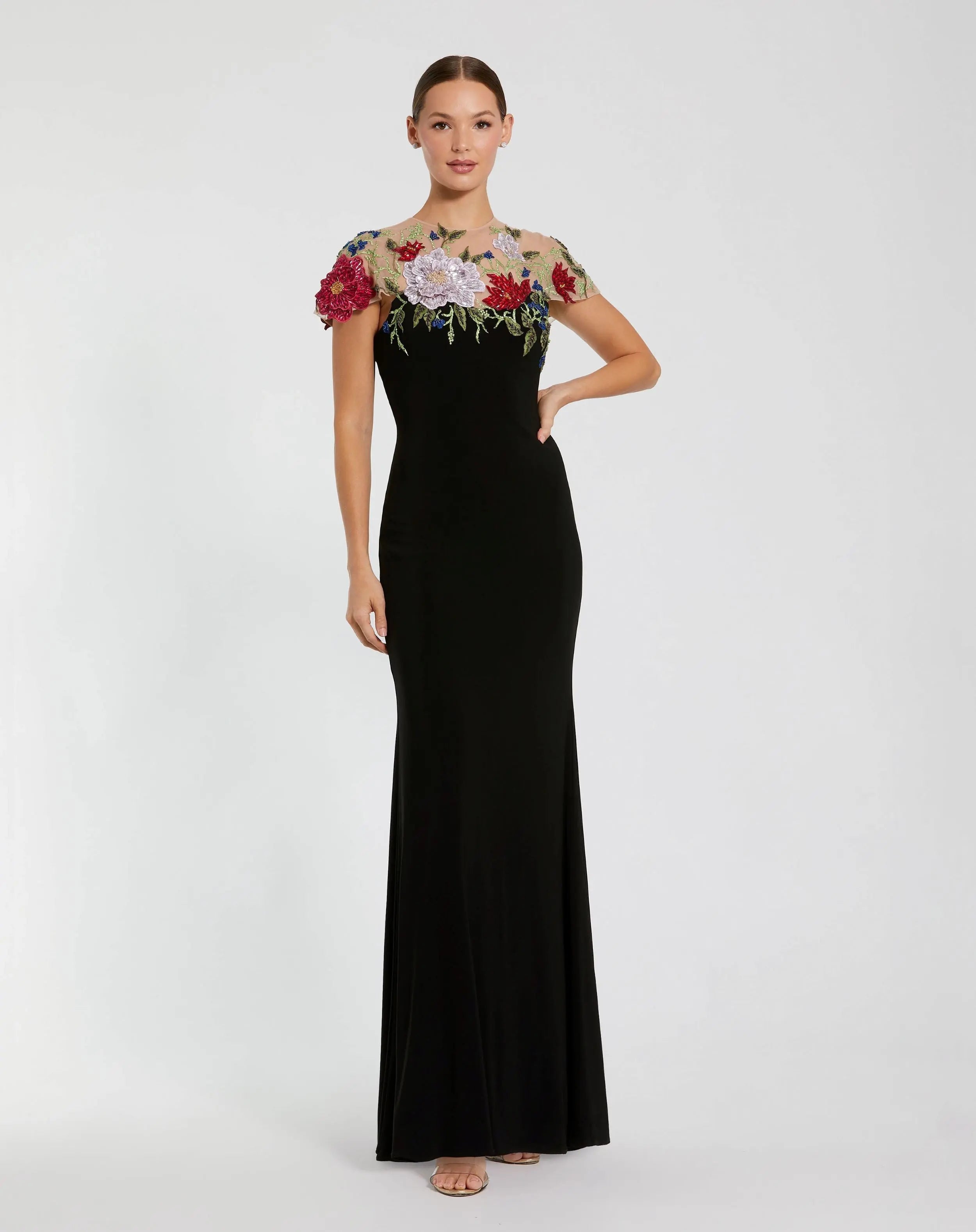 Black Floral Embellished Jersey Column Gown-Myartka