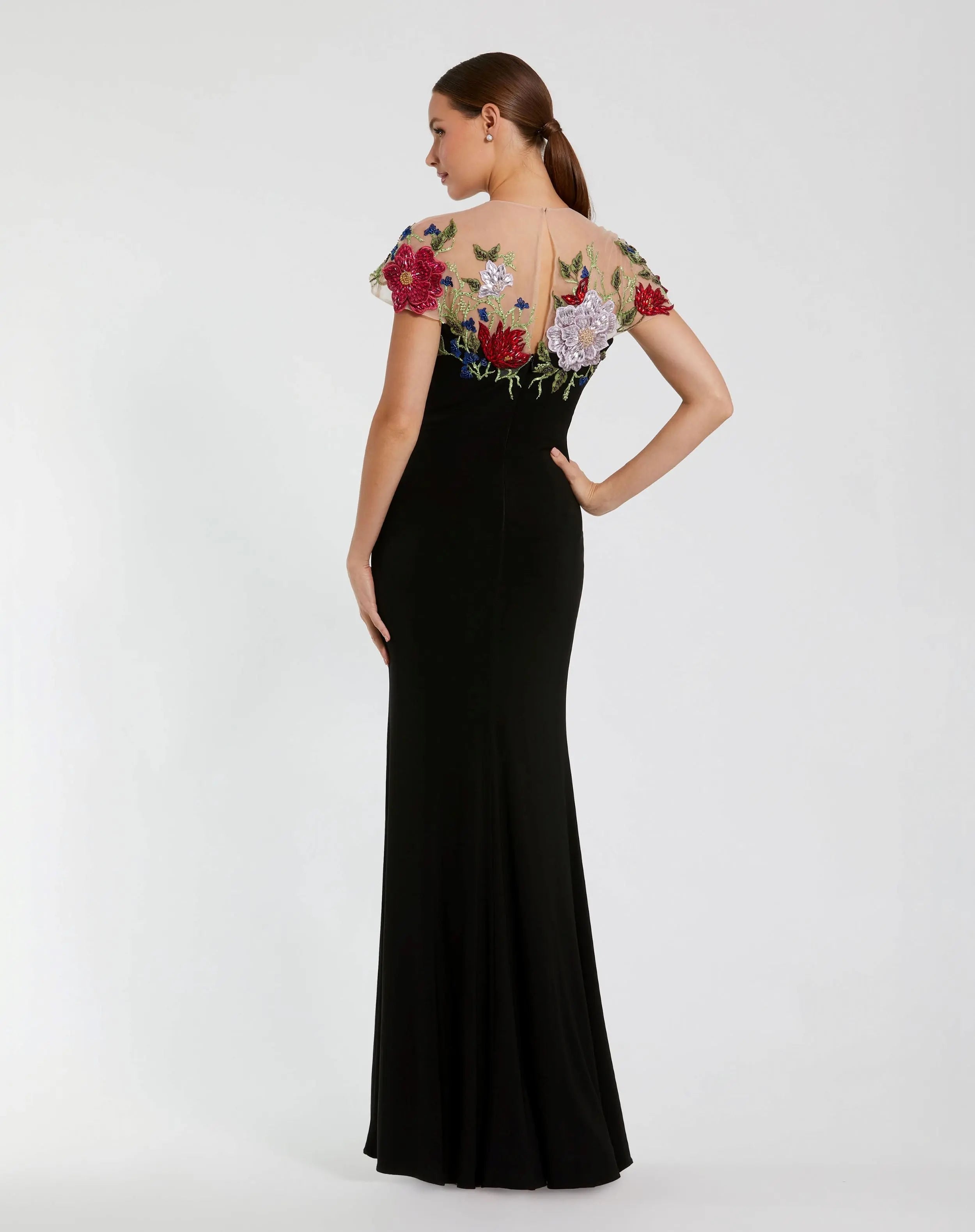 Black Floral Embellished Jersey Column Gown-Myartka