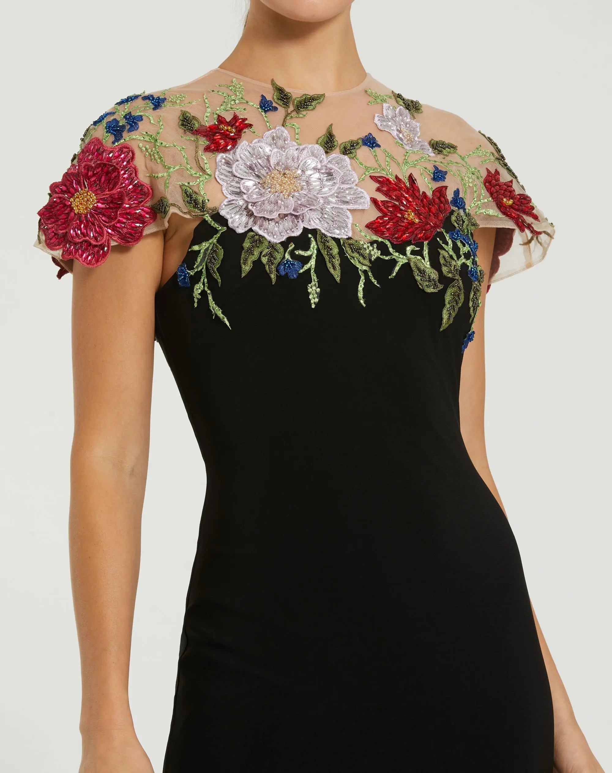 Black Floral Embellished Jersey Column Gown-Myartka