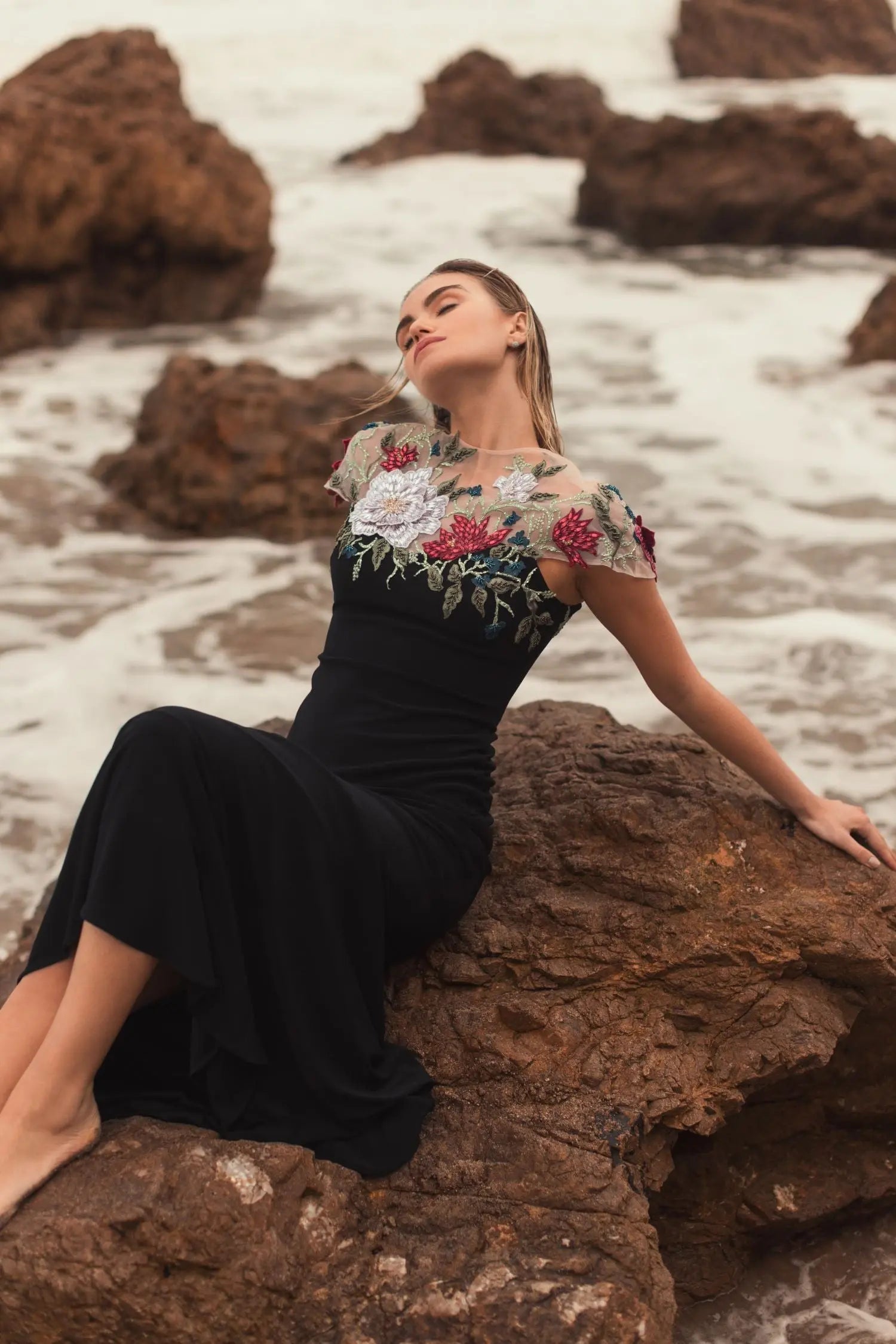 Black Floral Embellished Jersey Column Gown-Myartka