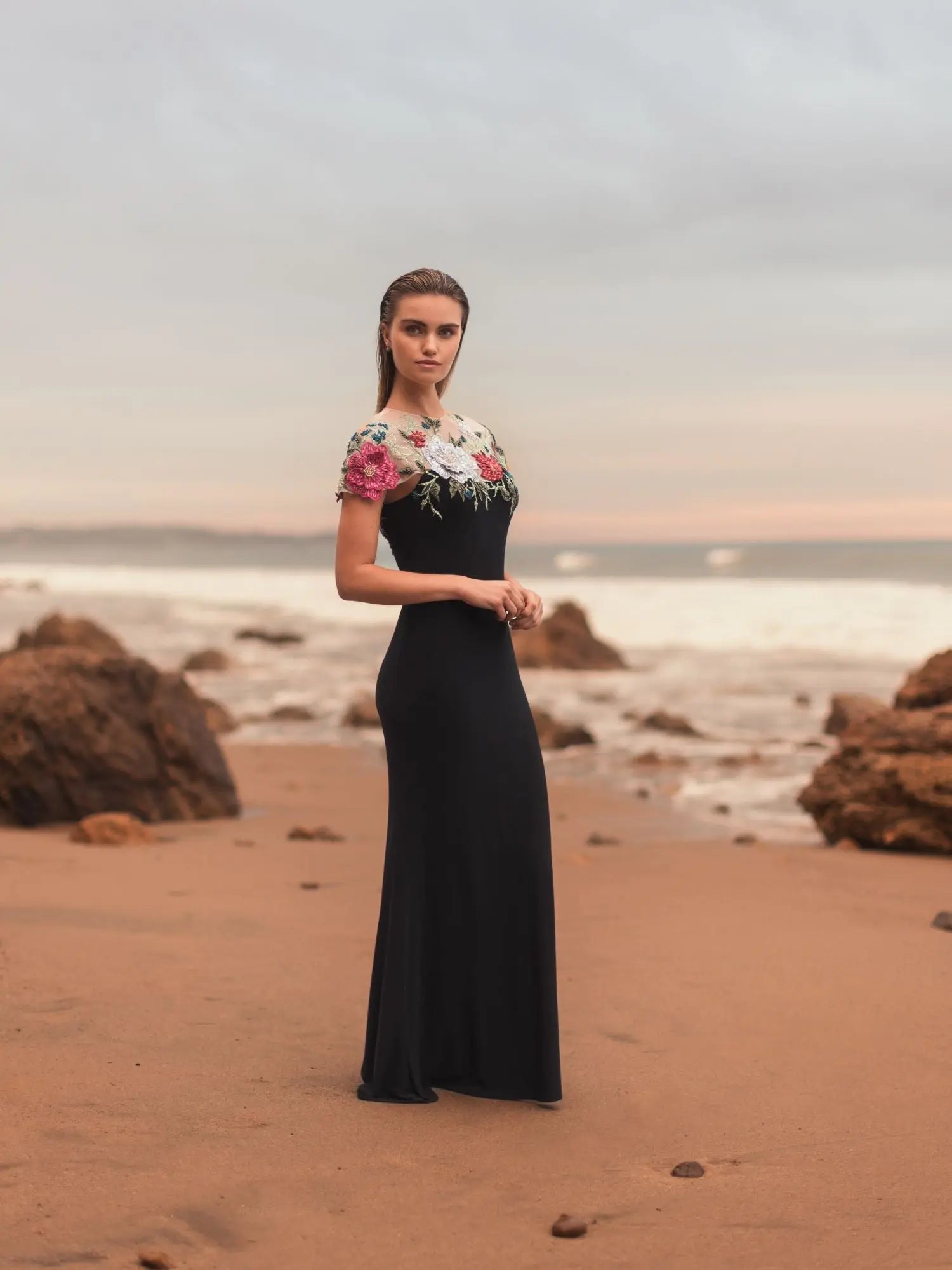 Black Floral Embellished Jersey Column Gown-Myartka