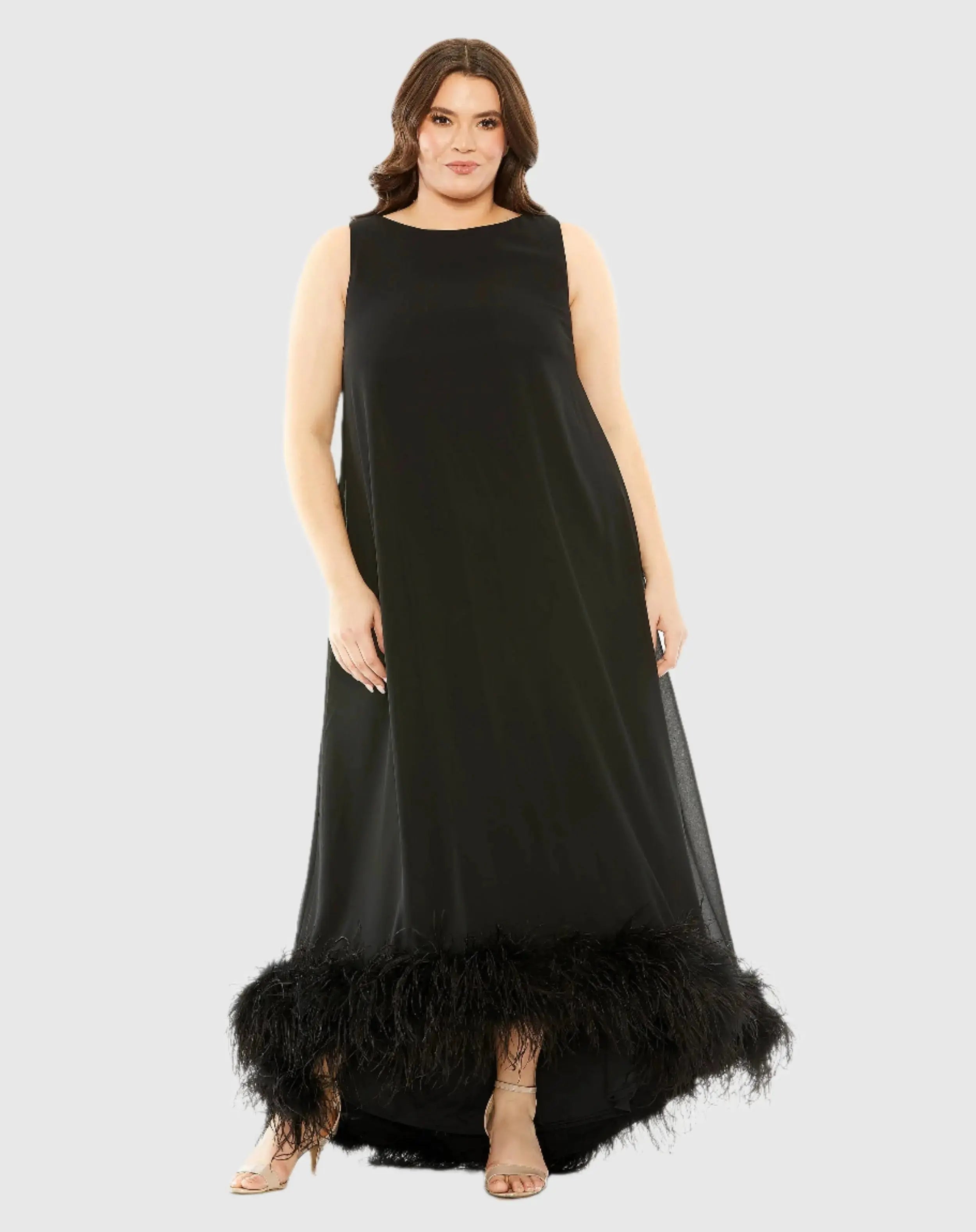 Black High Neck Feather Hem Gown-Myartka