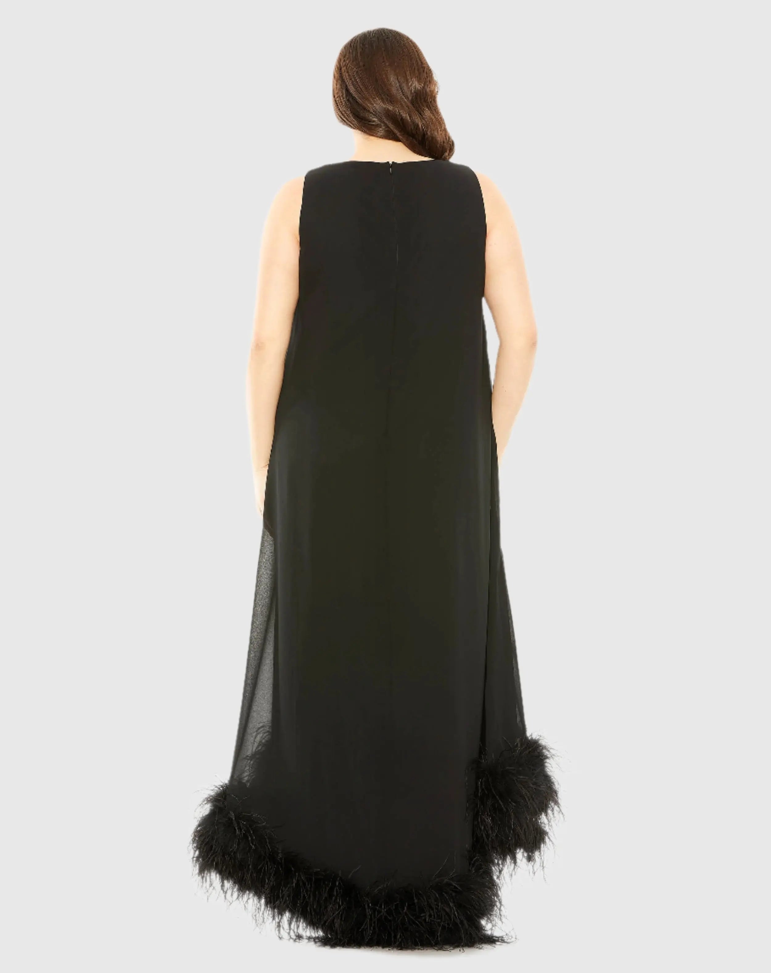 Black High Neck Feather Hem Gown-Myartka