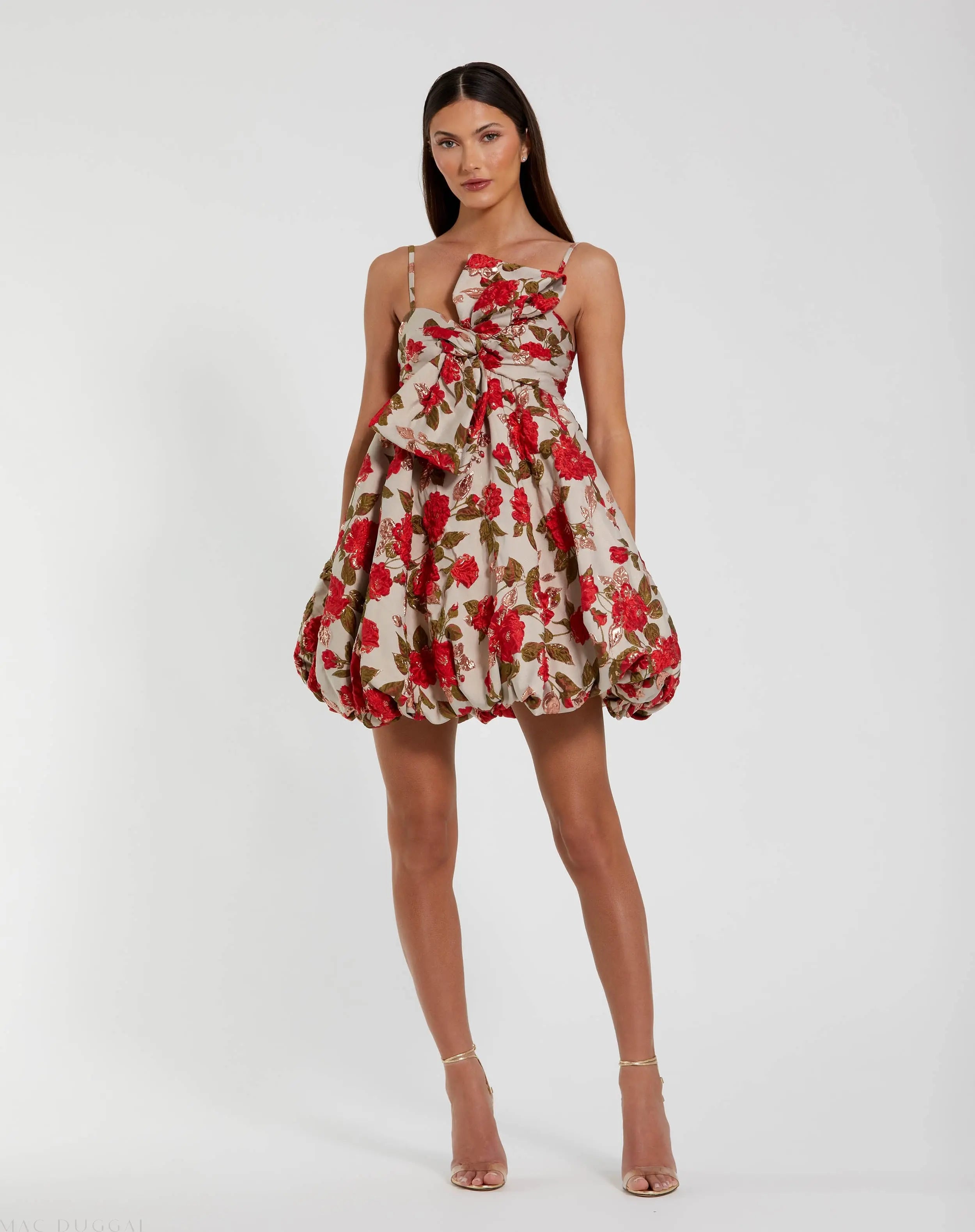 Multicolor Brocade Bubble Skirt Mini Dress with Bow-Myartka