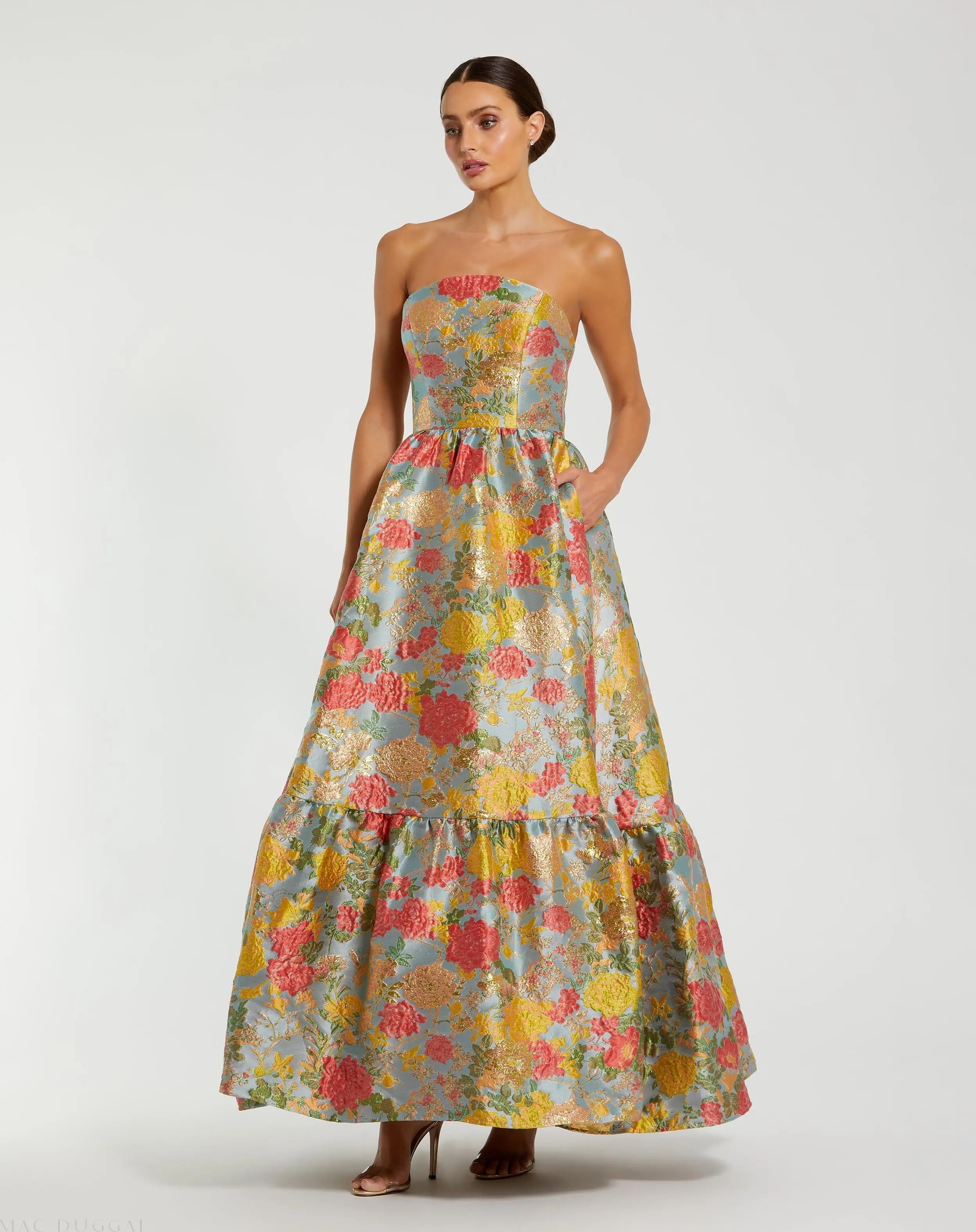 Multicolor Strapless Floral Brocade Dress with Ruffles-Myartka