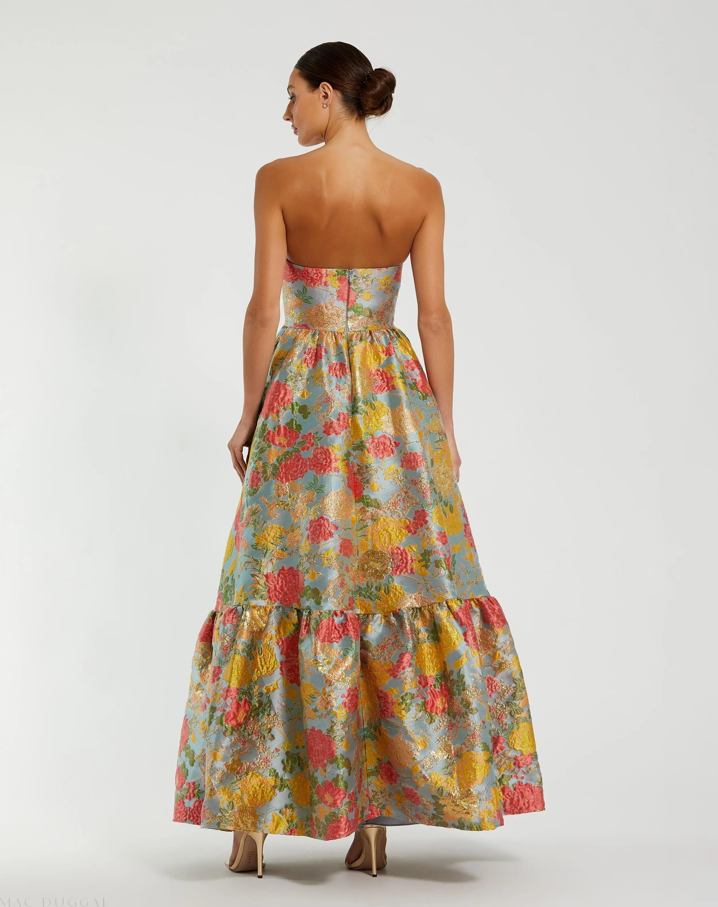 Multicolor Strapless Floral Brocade Dress with Ruffles-Myartka