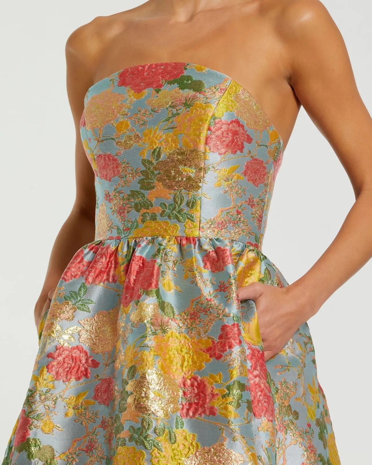 Multicolor Strapless Floral Brocade Dress with Ruffles-Myartka