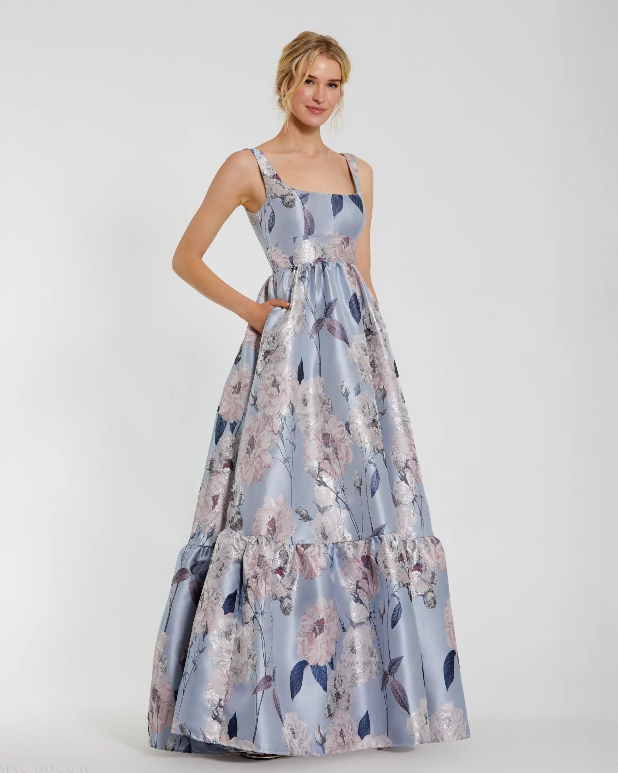 Blue Floral Printed Satin Gown with Pockets-Myartka