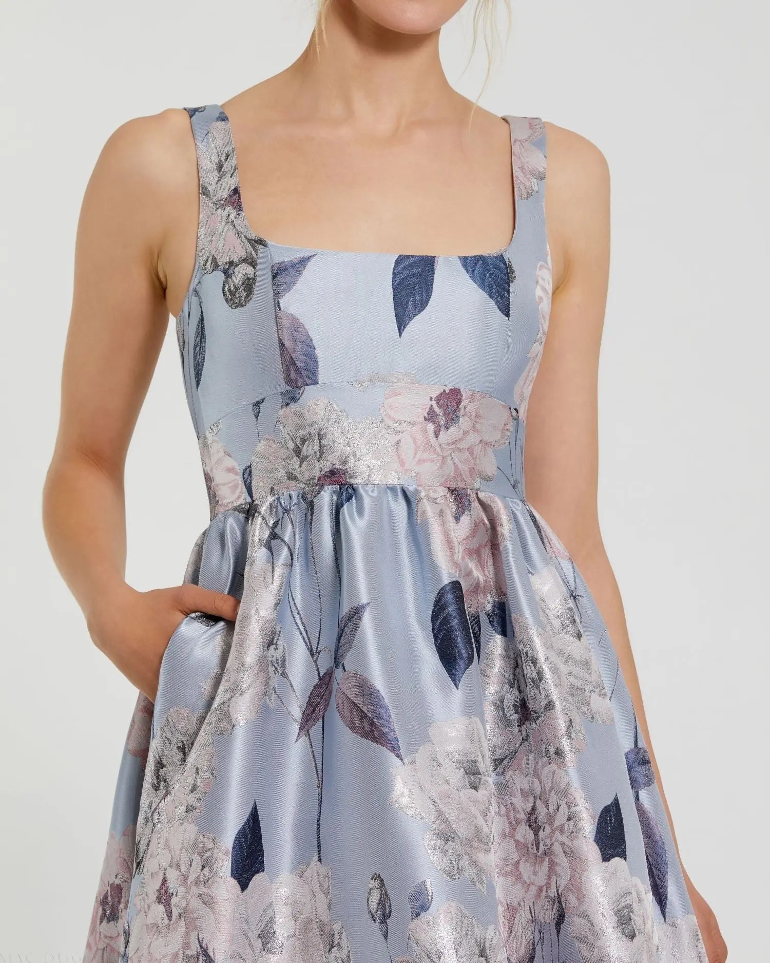 Blue Floral Printed Satin Gown with Pockets-Myartka