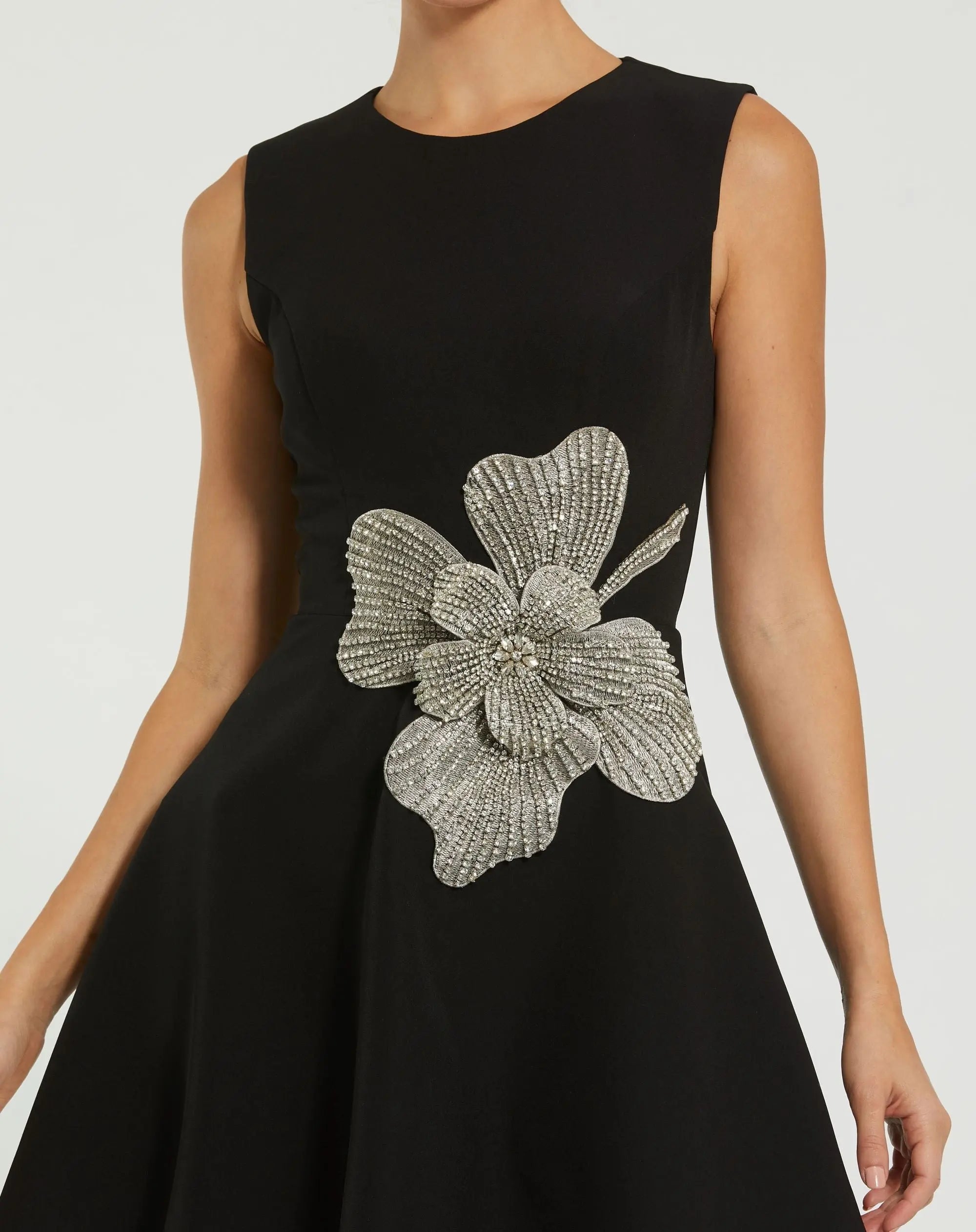 Black Sleeveless Crepe Mini Dress With Rhinestone Flower-Myartka