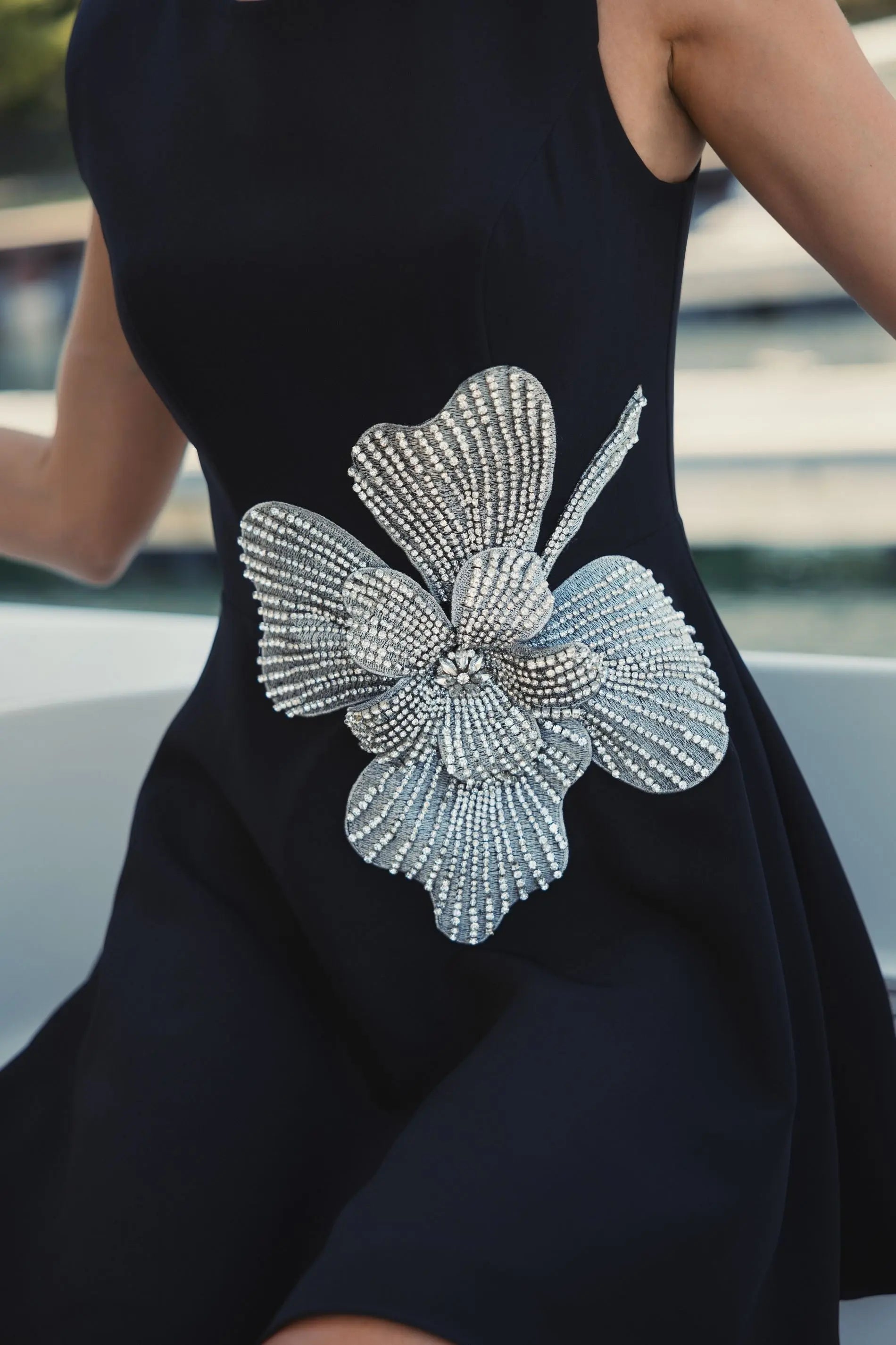 Black Sleeveless Crepe Mini Dress With Rhinestone Flower-Myartka