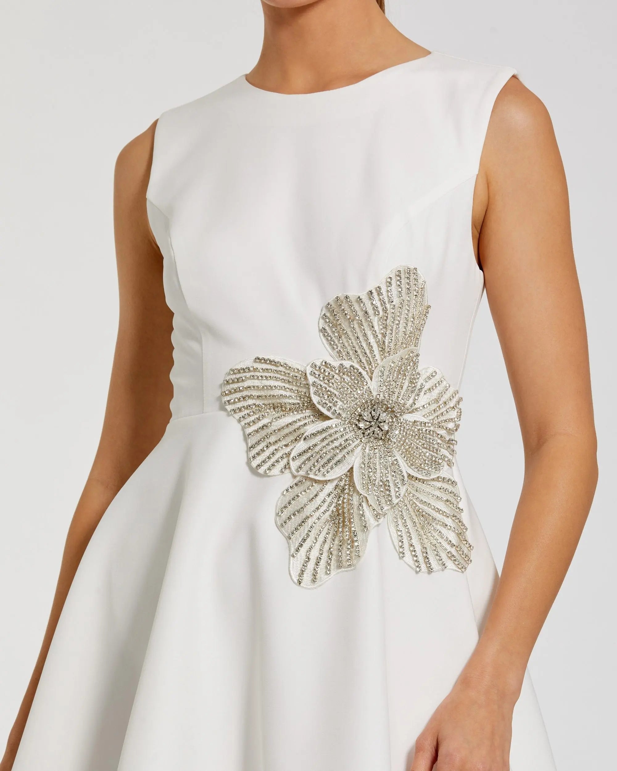 White Sleeveless Crepe Mini Dress With Rhinestone Flower-Myartka