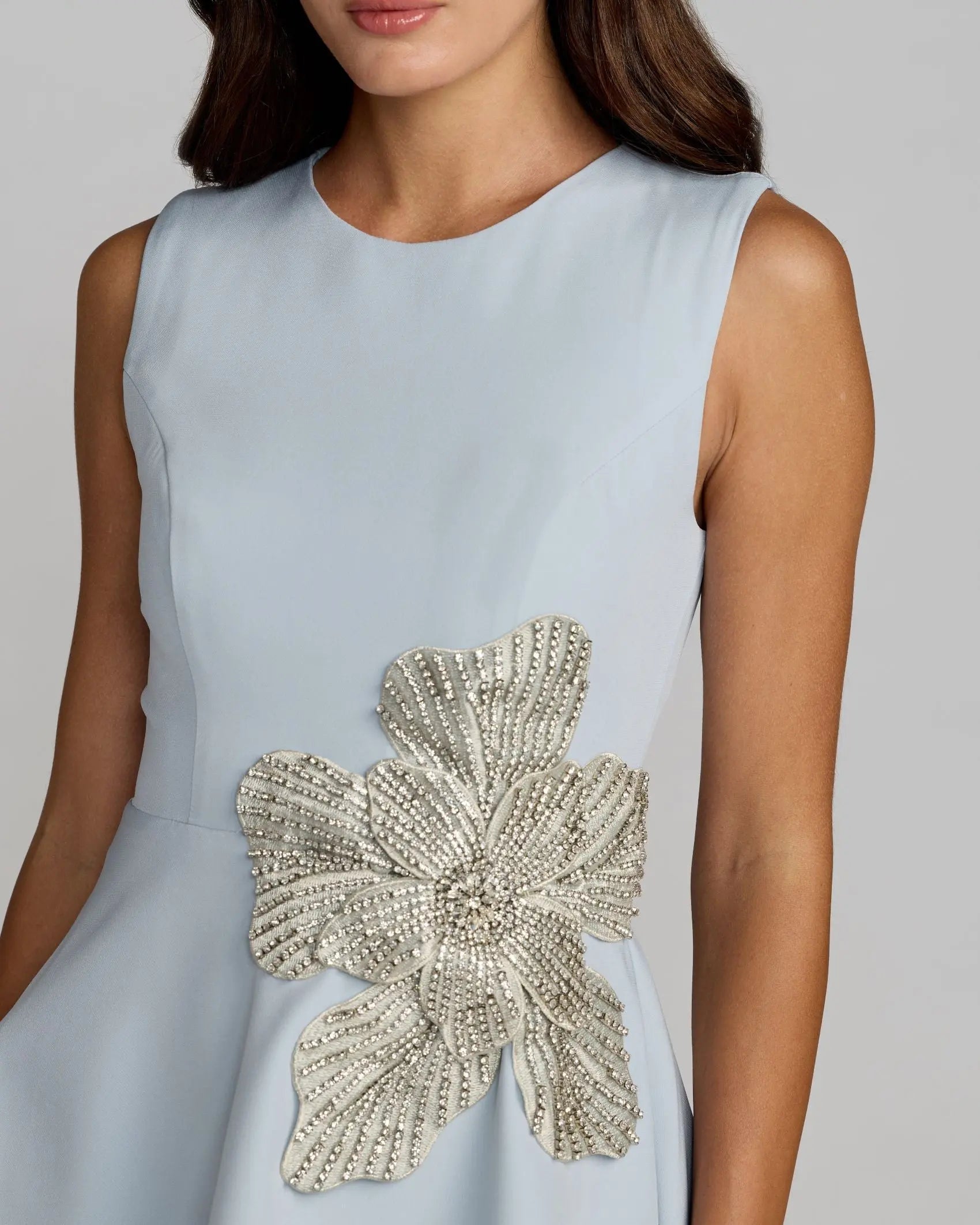 Blue Crepe Sleeveless Mini Dress With Rhinestone Flower-Myartka