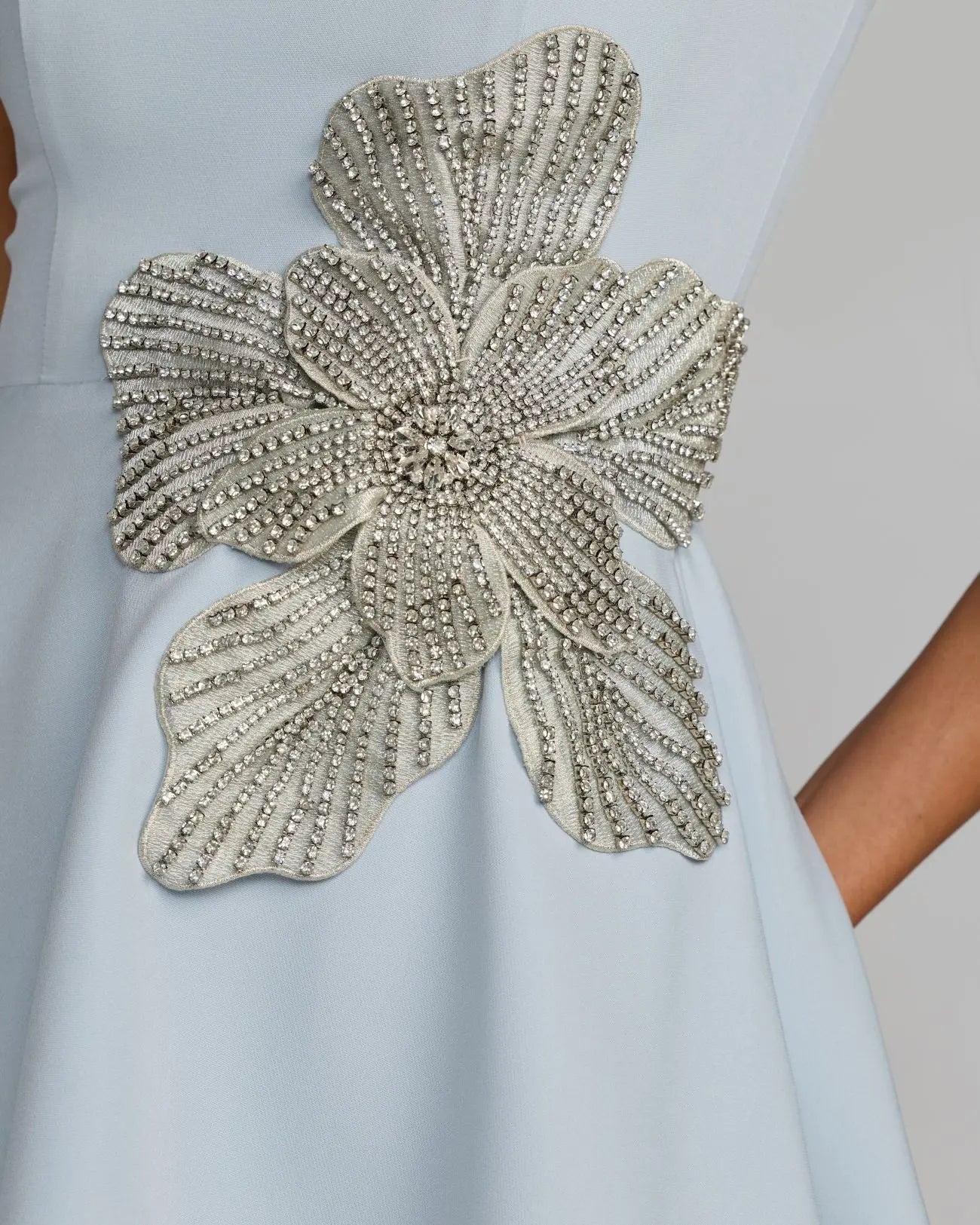 Blue Crepe Sleeveless Mini Dress With Rhinestone Flower-Myartka