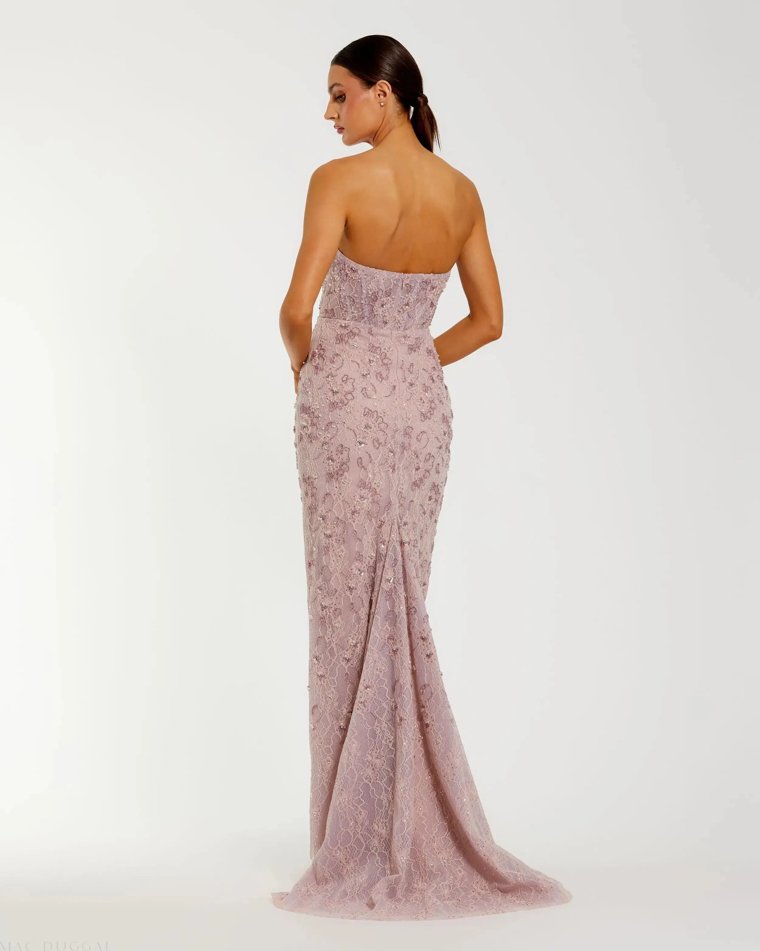 Pink Embellished Strapless Bustier Gown With Sweeping Train-Myartka