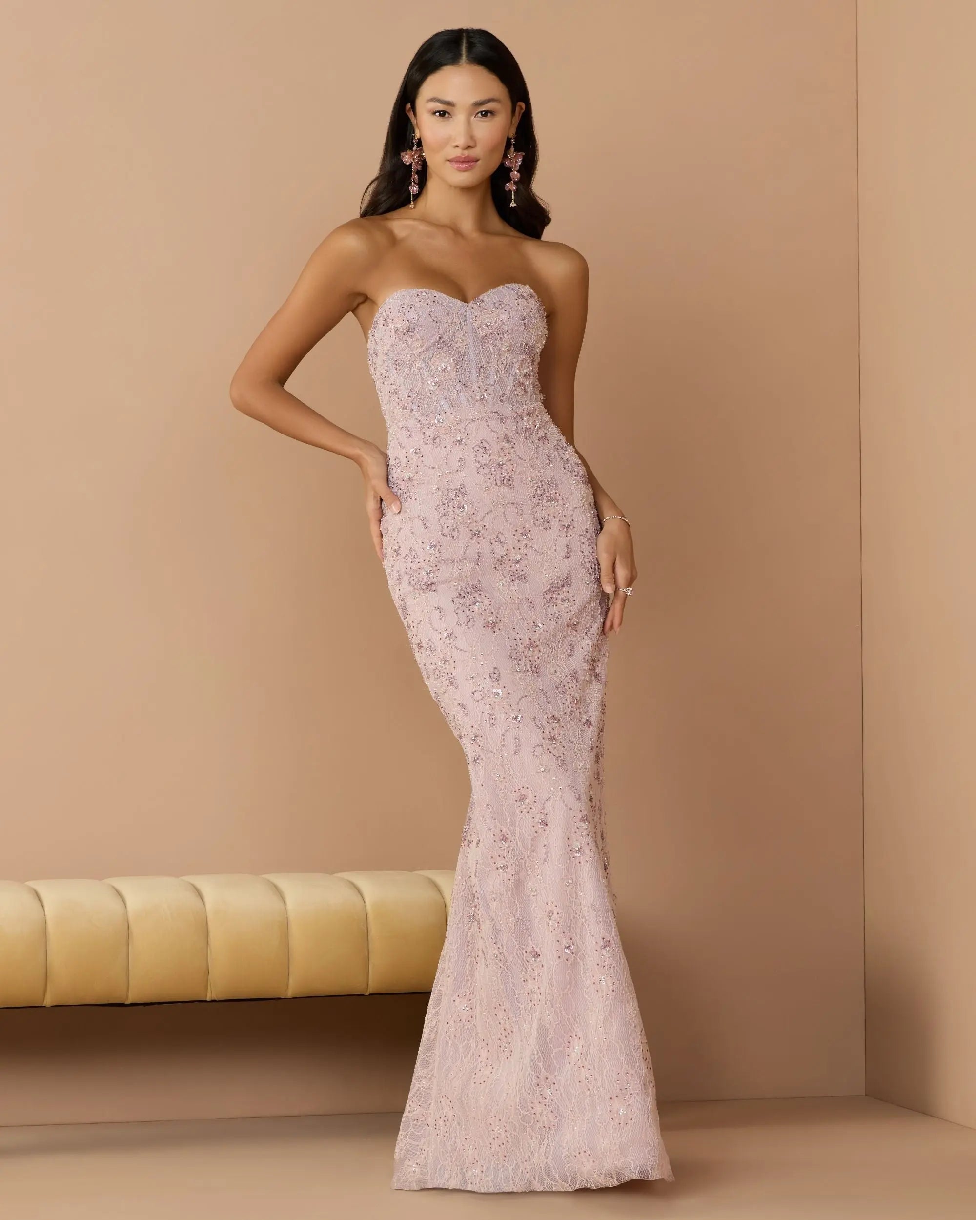Pink Embellished Strapless Bustier Gown With Sweeping Train-Myartka