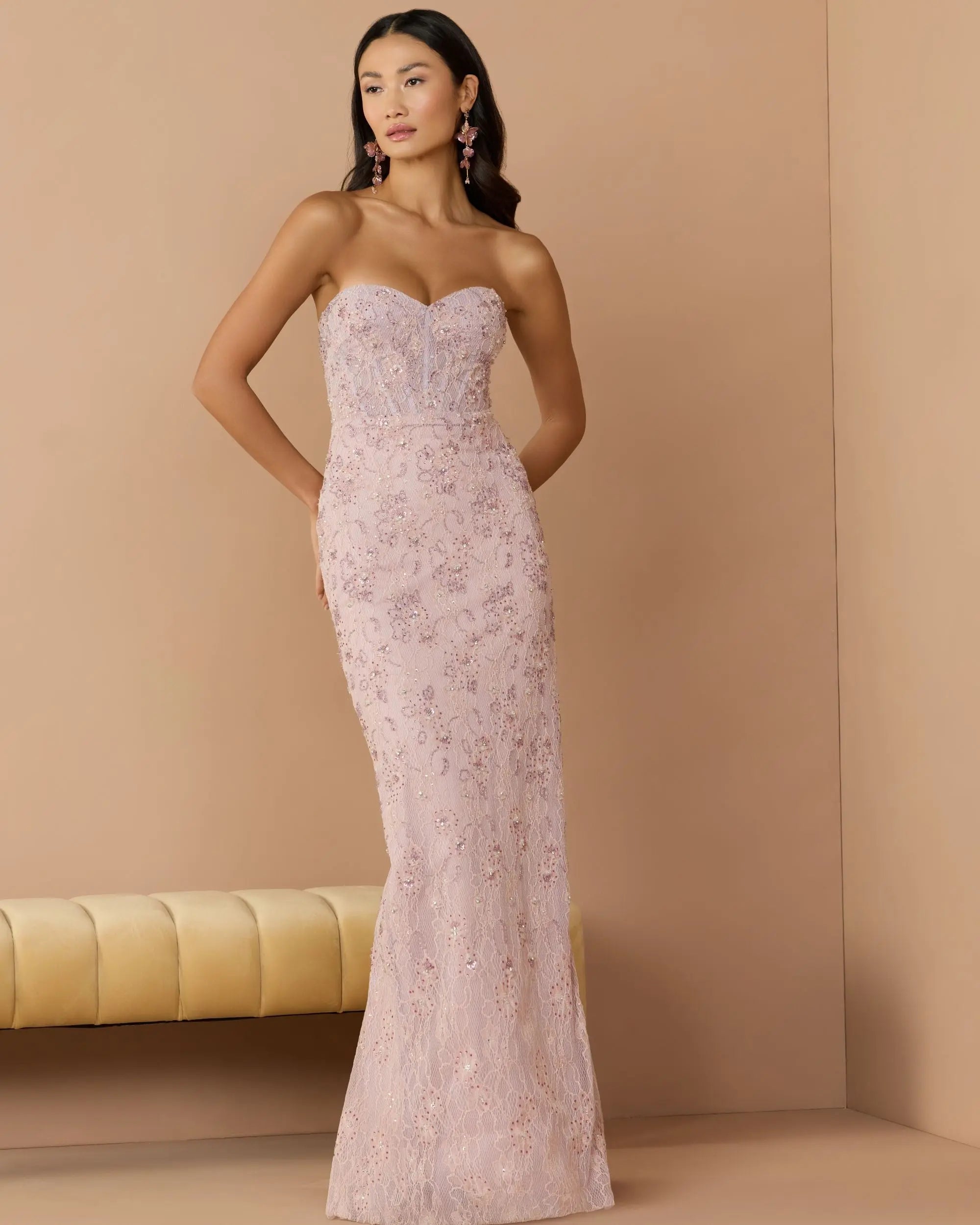 Pink Embellished Strapless Bustier Gown With Sweeping Train-Myartka