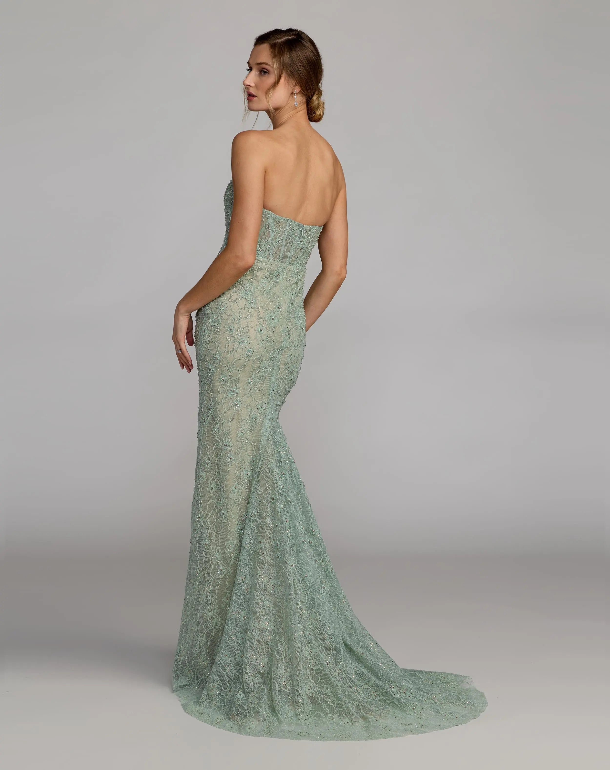 Green Embellished Strapless Bustier Gown With Sweeping Train-Myartka