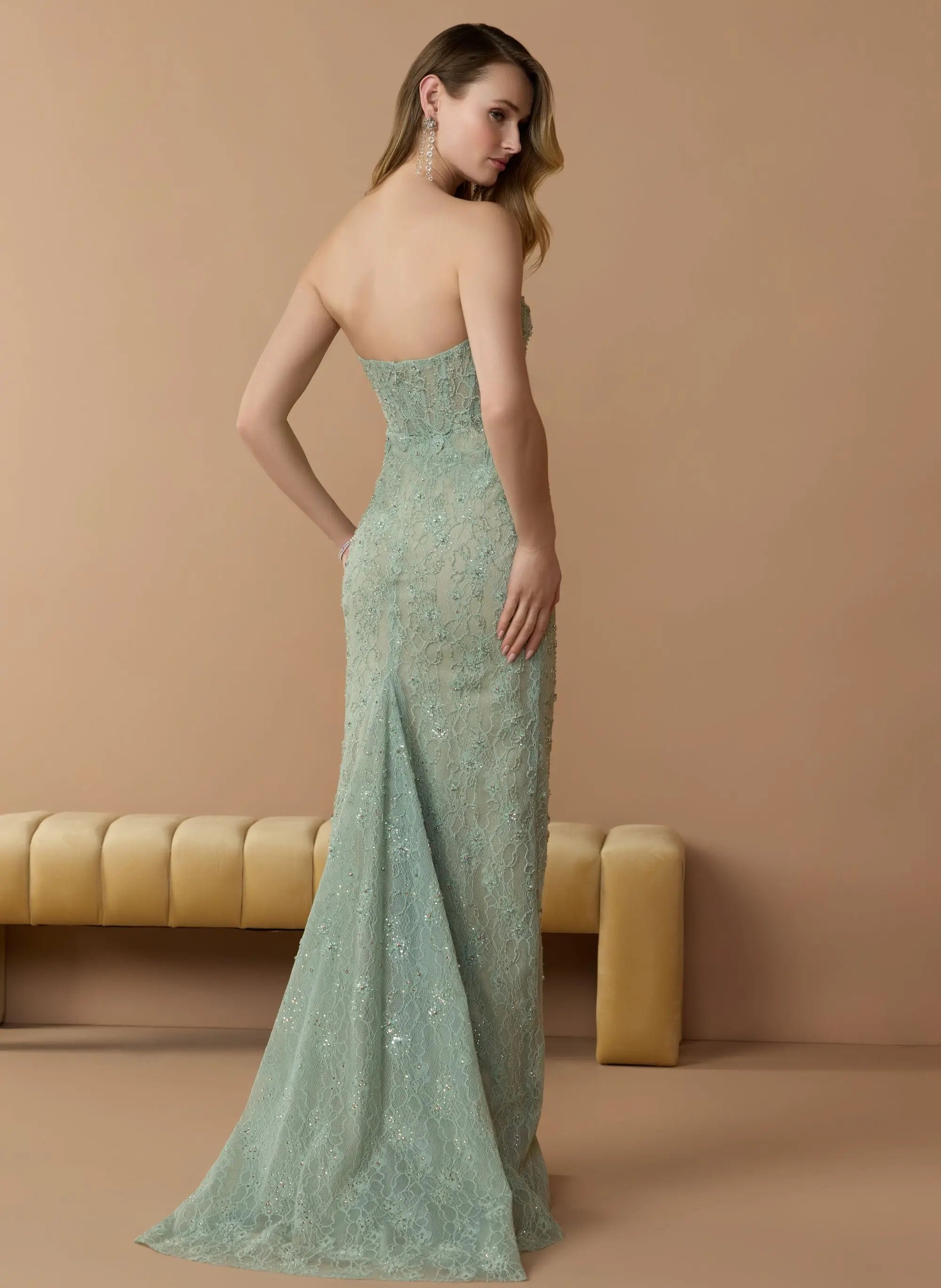 Green Embellished Strapless Bustier Gown With Sweeping Train-Myartka