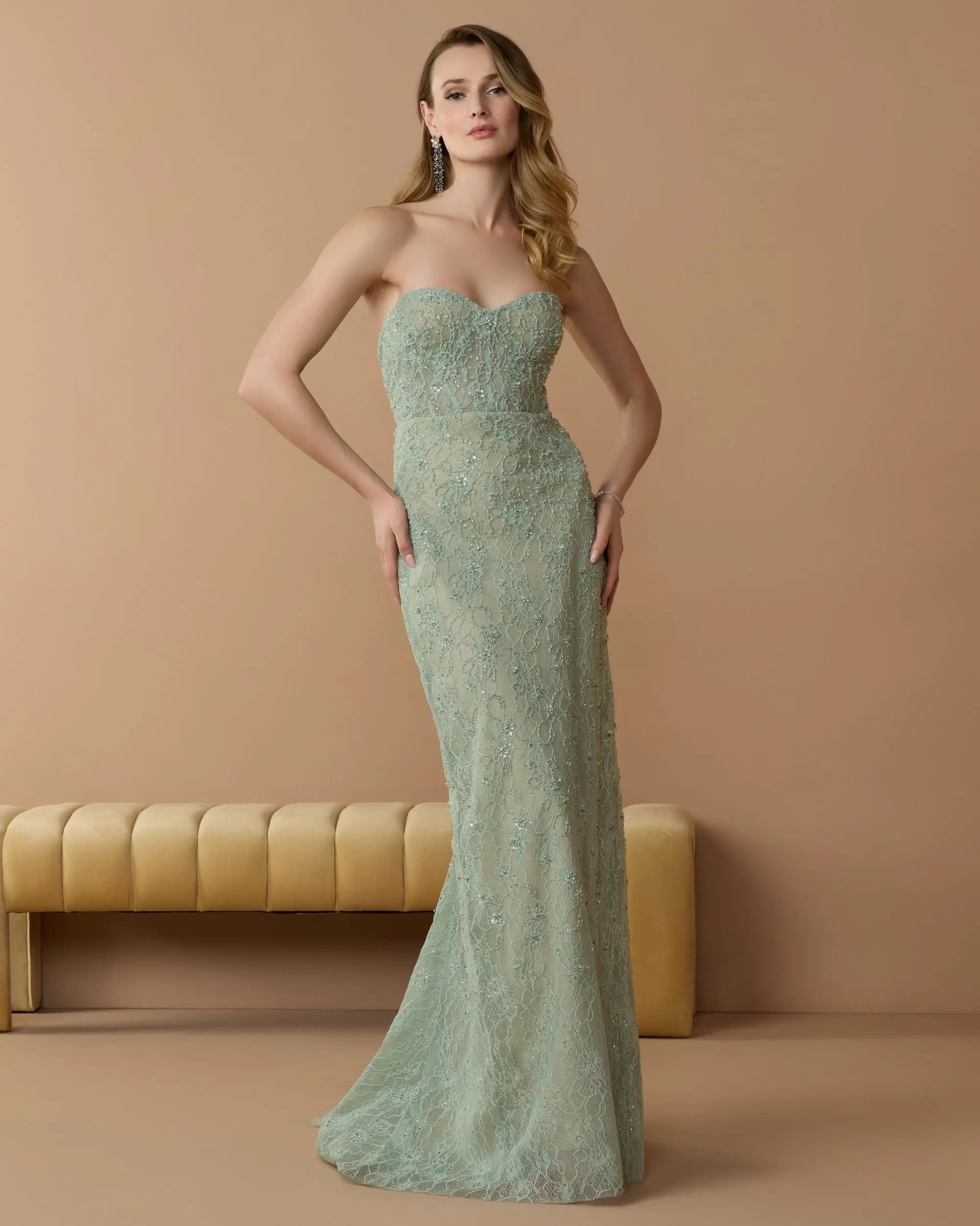 Green Embellished Strapless Bustier Gown With Sweeping Train-Myartka