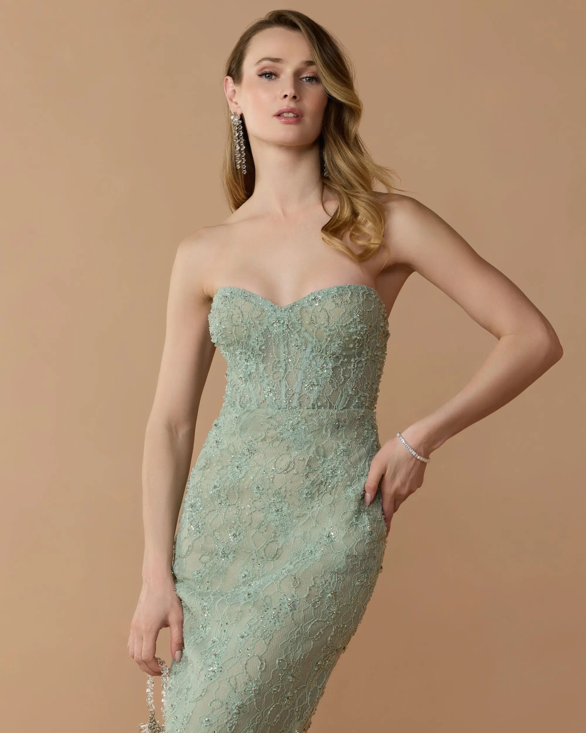 Green Embellished Strapless Bustier Gown With Sweeping Train-Myartka