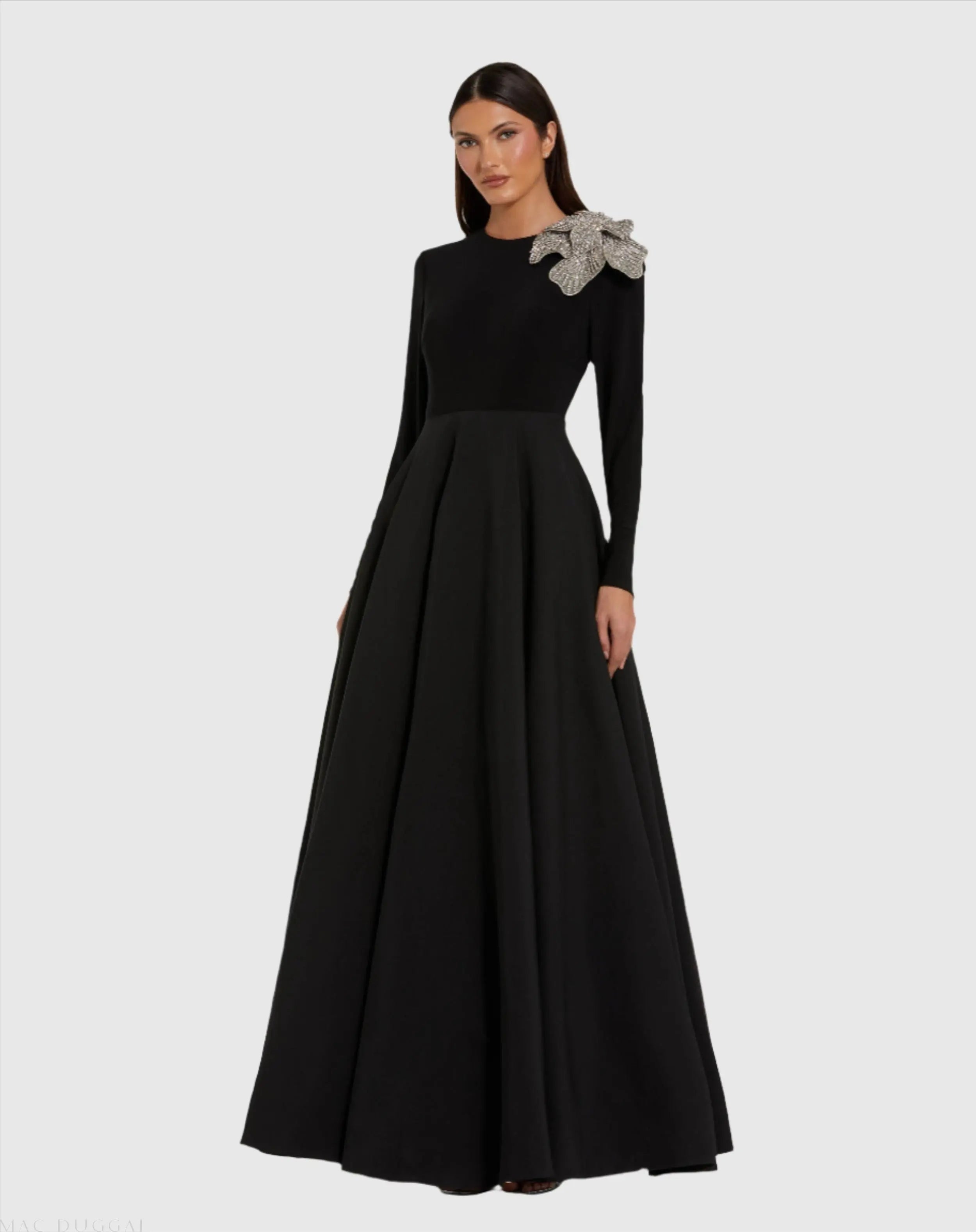 Black Long Sleeve Taffeta Ballgown with 3D Rhinestone Flower-Myartka