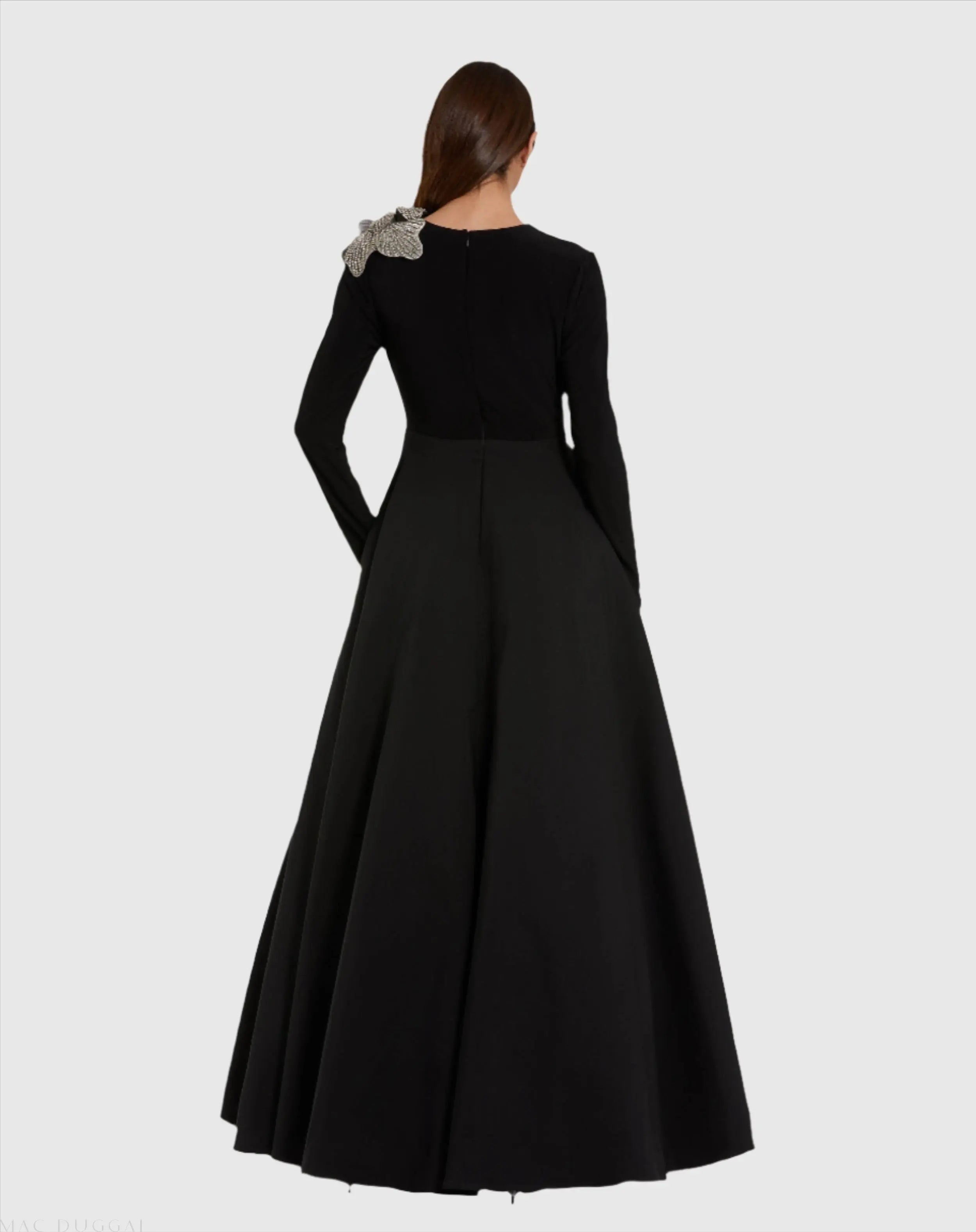 Black Long Sleeve Taffeta Ballgown with 3D Rhinestone Flower-Myartka