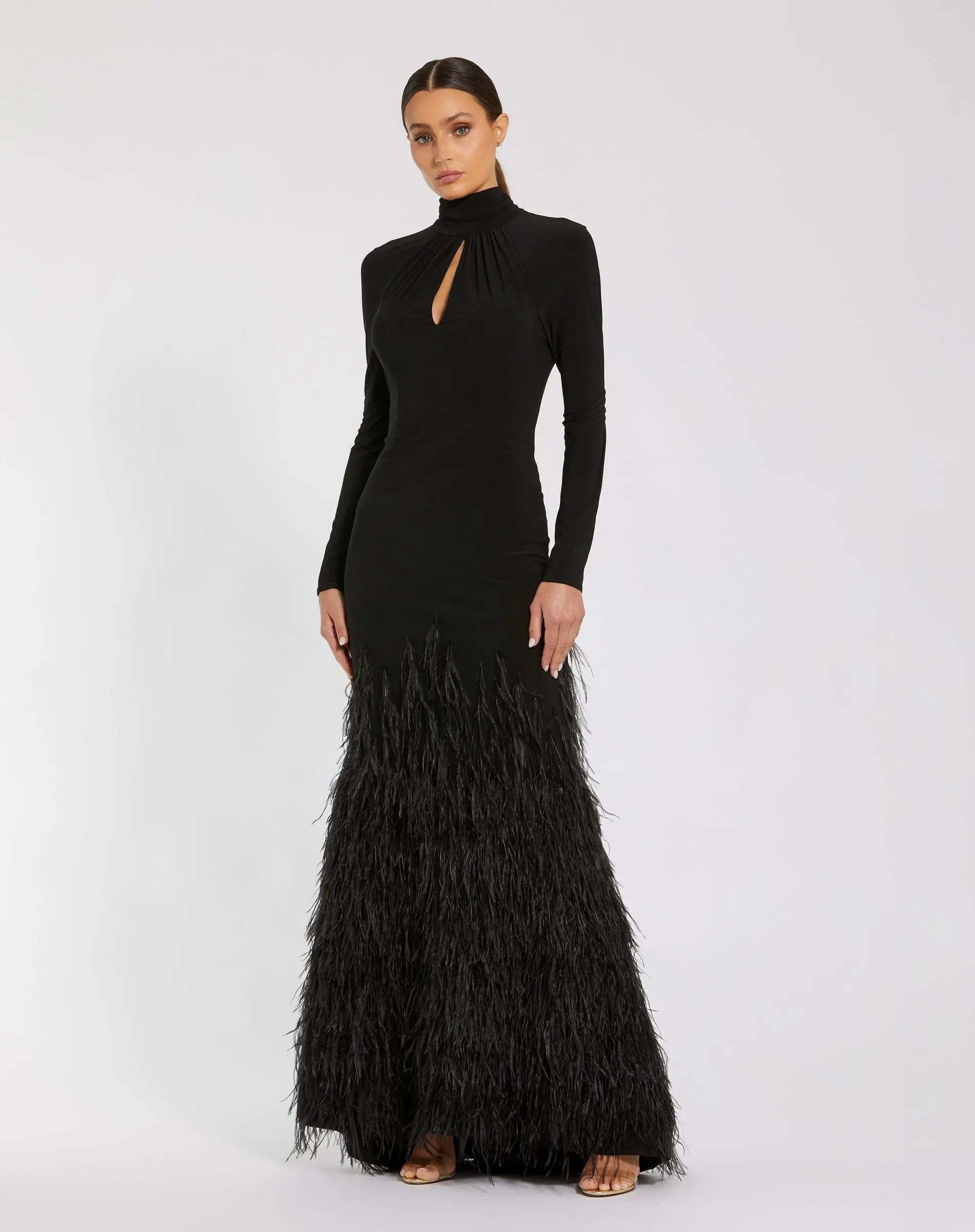 Black Long Sleeve High Neck Feather Trim Gown-Myartka