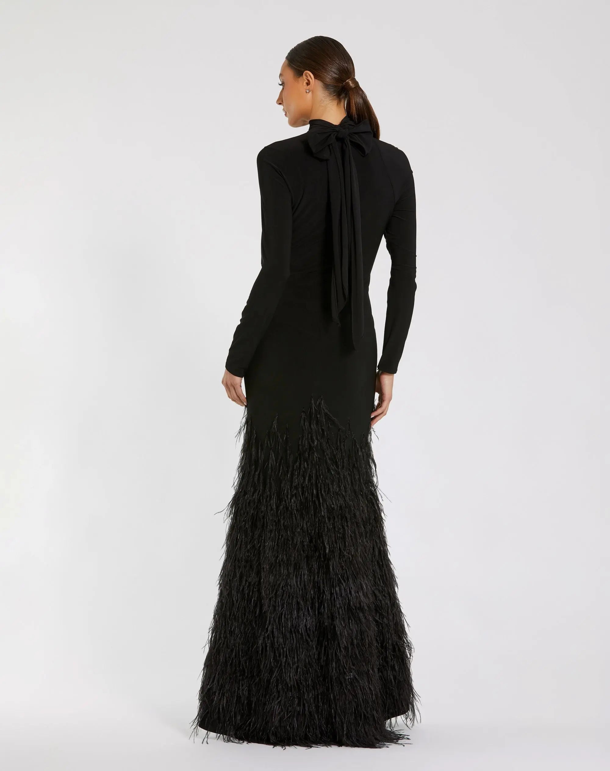 Black Long Sleeve High Neck Feather Trim Gown-Myartka
