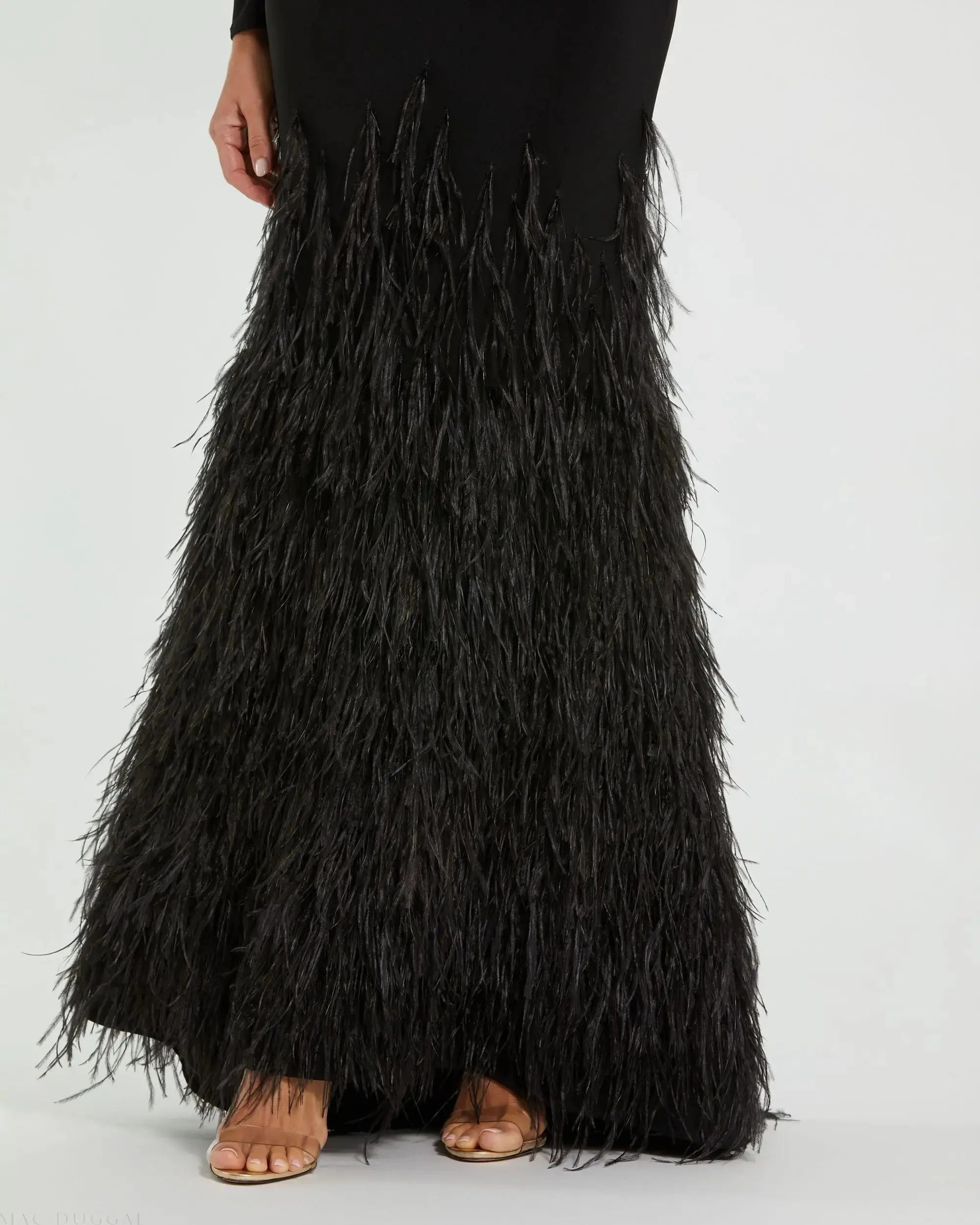 Black Long Sleeve High Neck Feather Trim Gown-Myartka