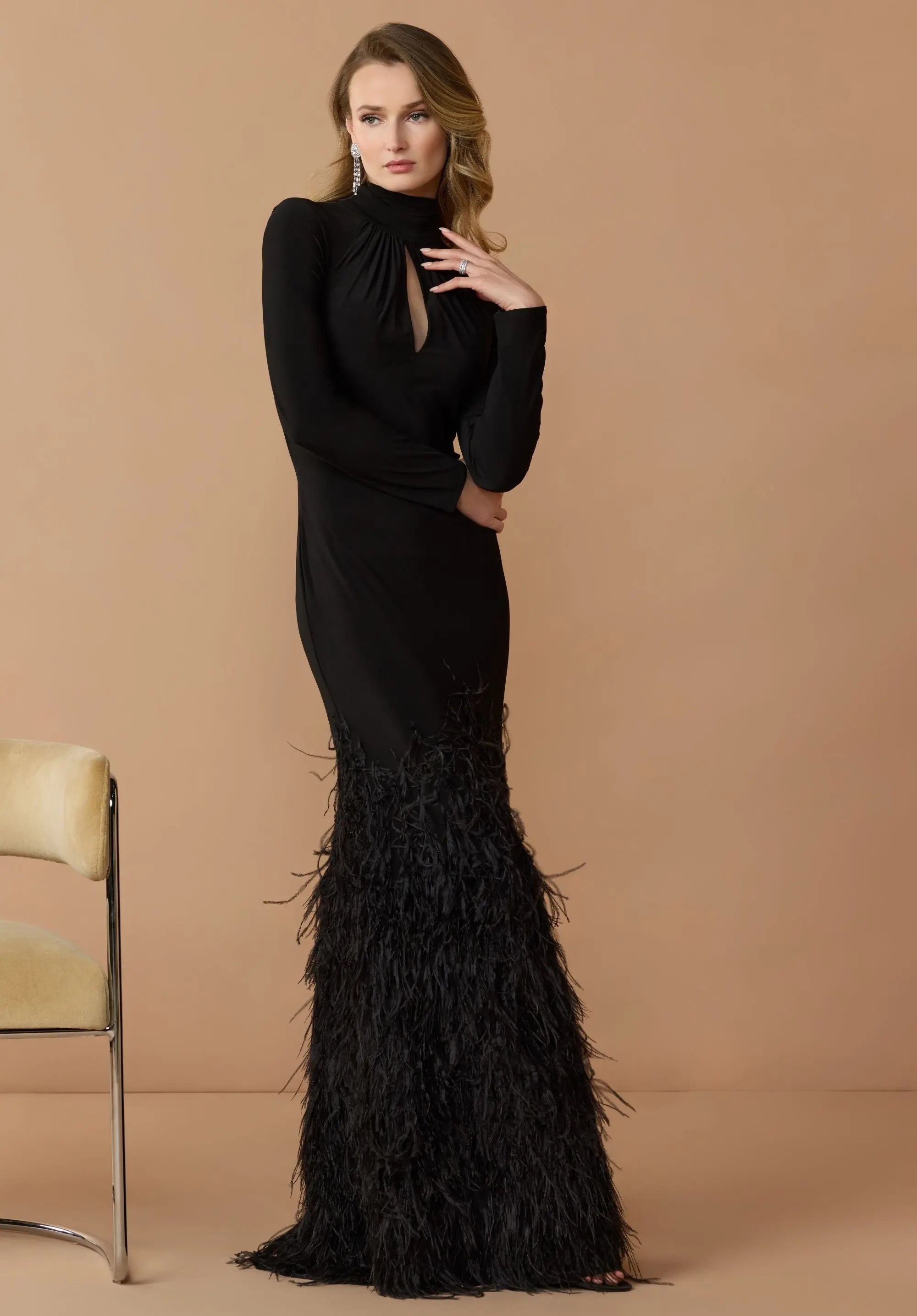 Black Long Sleeve High Neck Feather Trim Gown-Myartka
