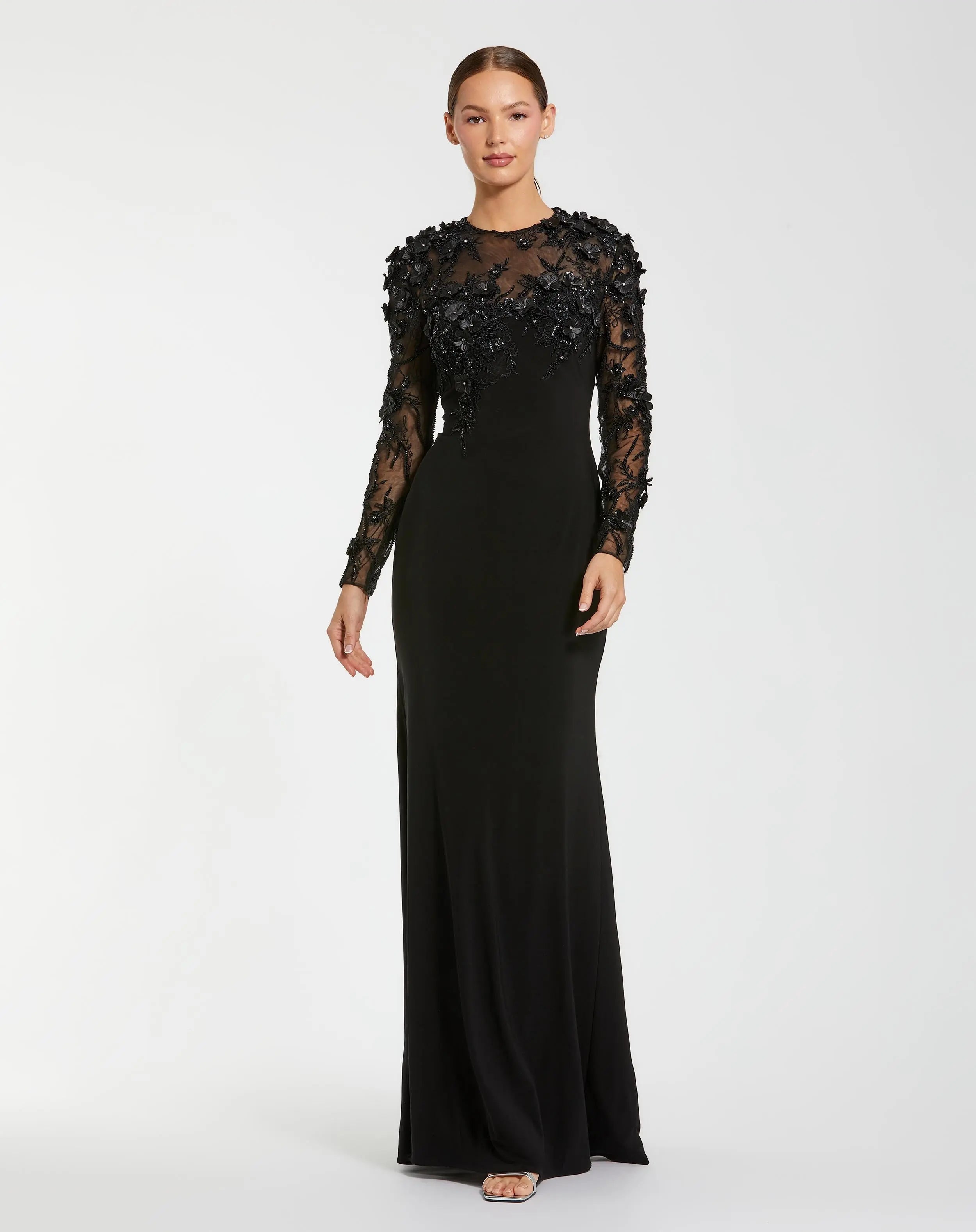 Black Long Sleeve Floral Embellished Column Gown-Myartka