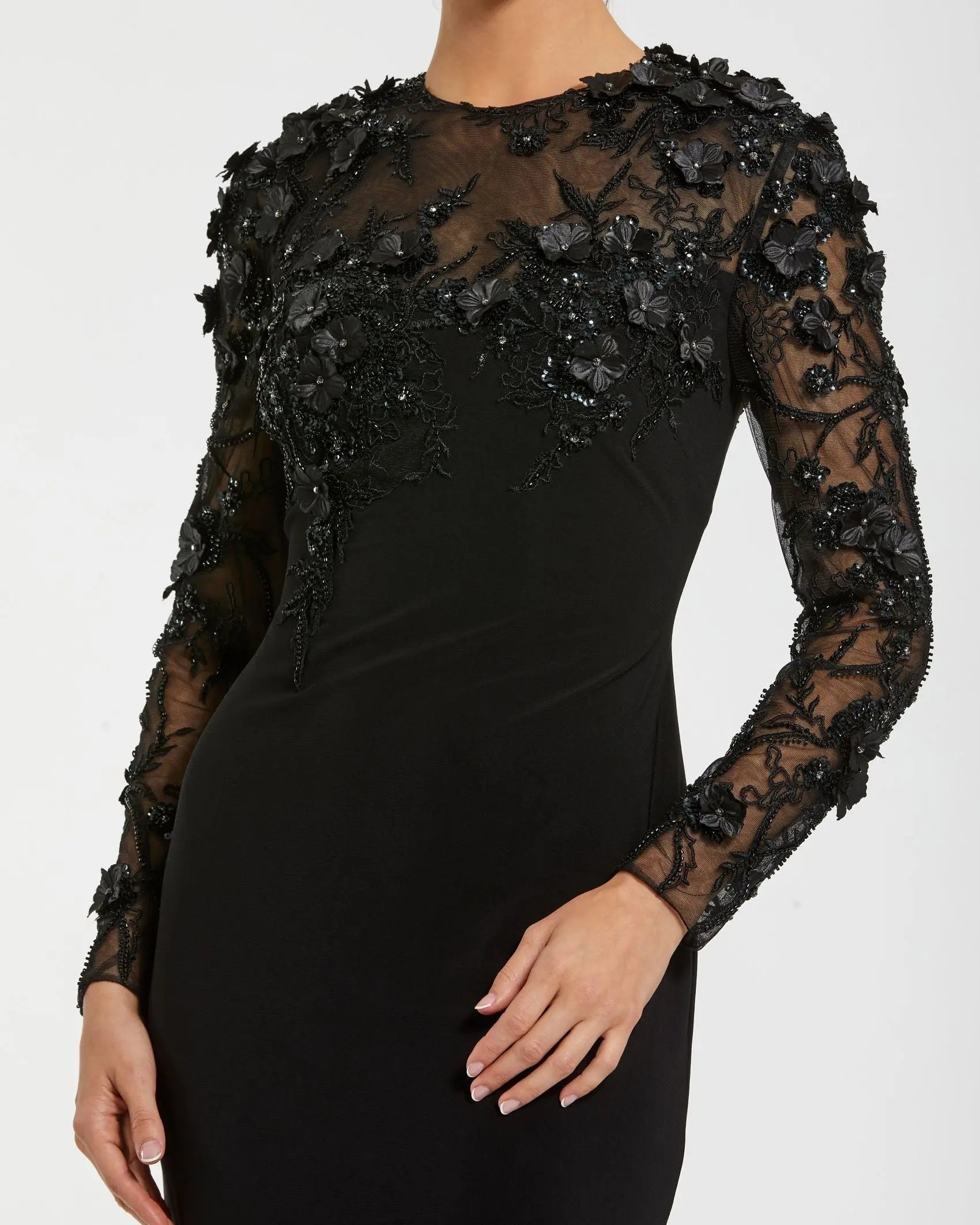 Black Long Sleeve Floral Embellished Column Gown-Myartka