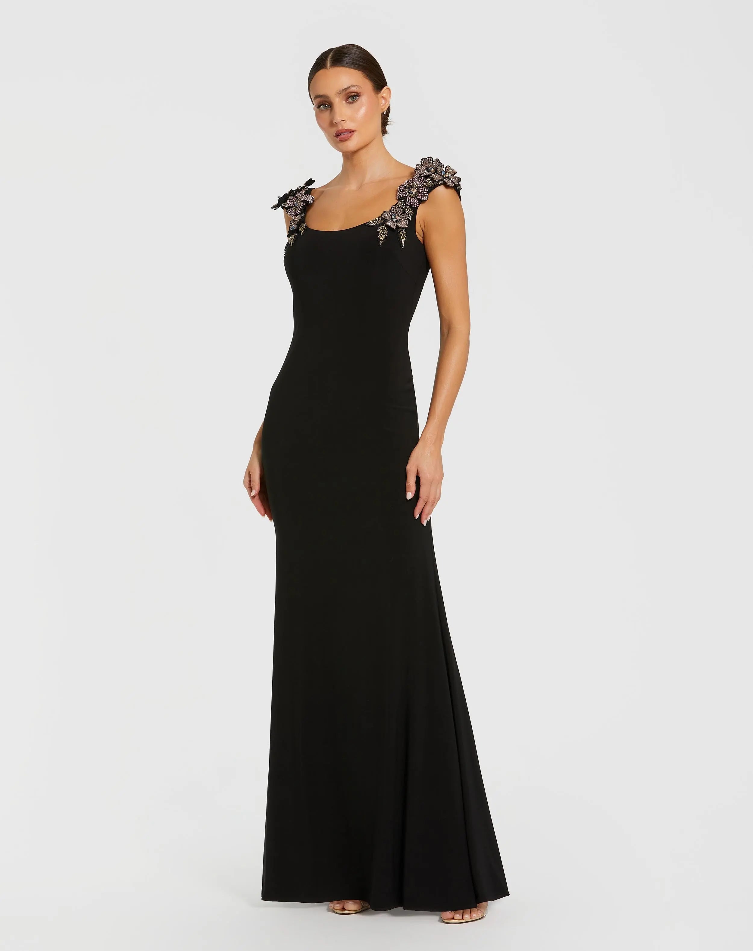 Black Jersey Scoop Neck Gown with 3D Flower Details-Myartka