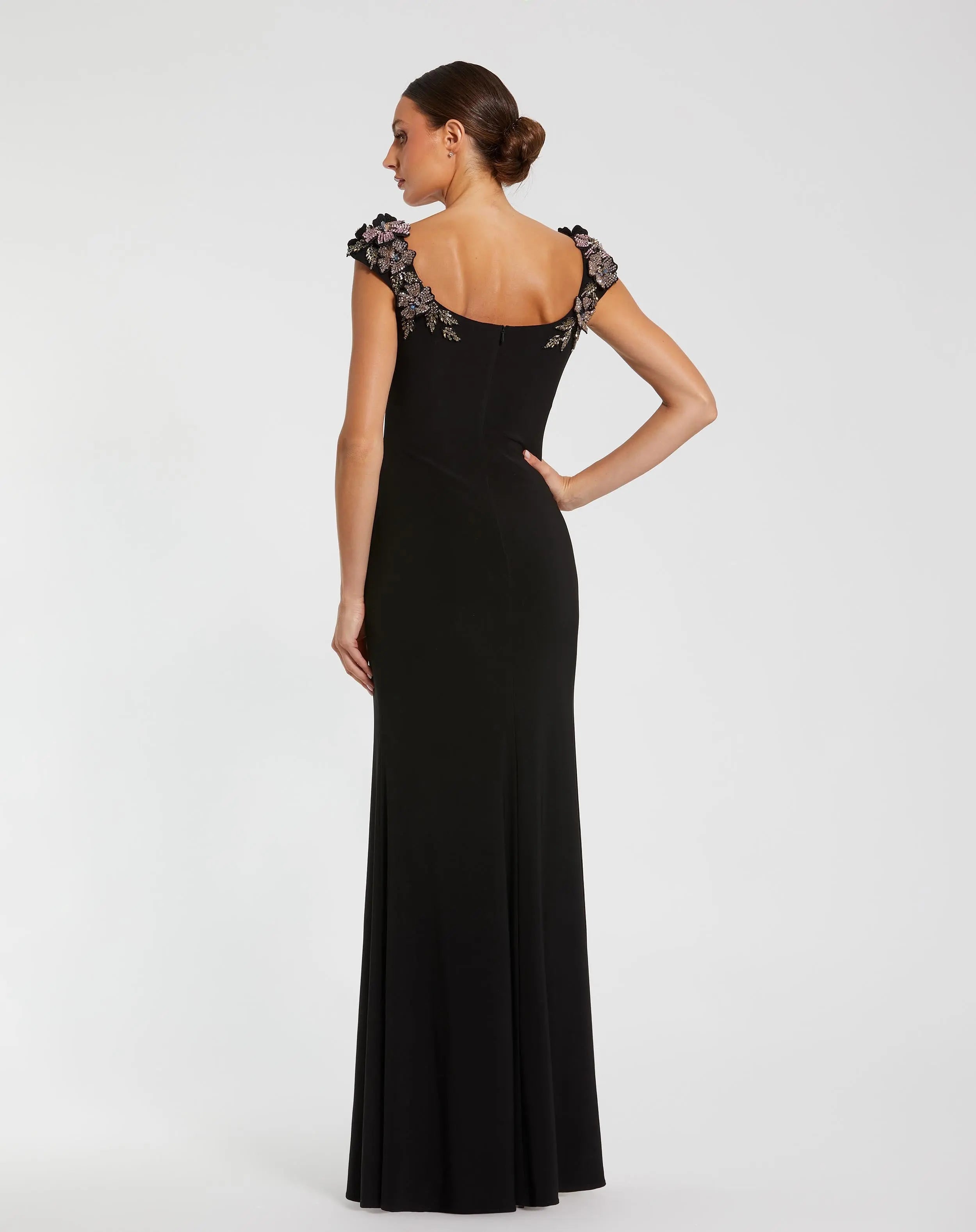 Black Jersey Scoop Neck Gown with 3D Flower Details-Myartka