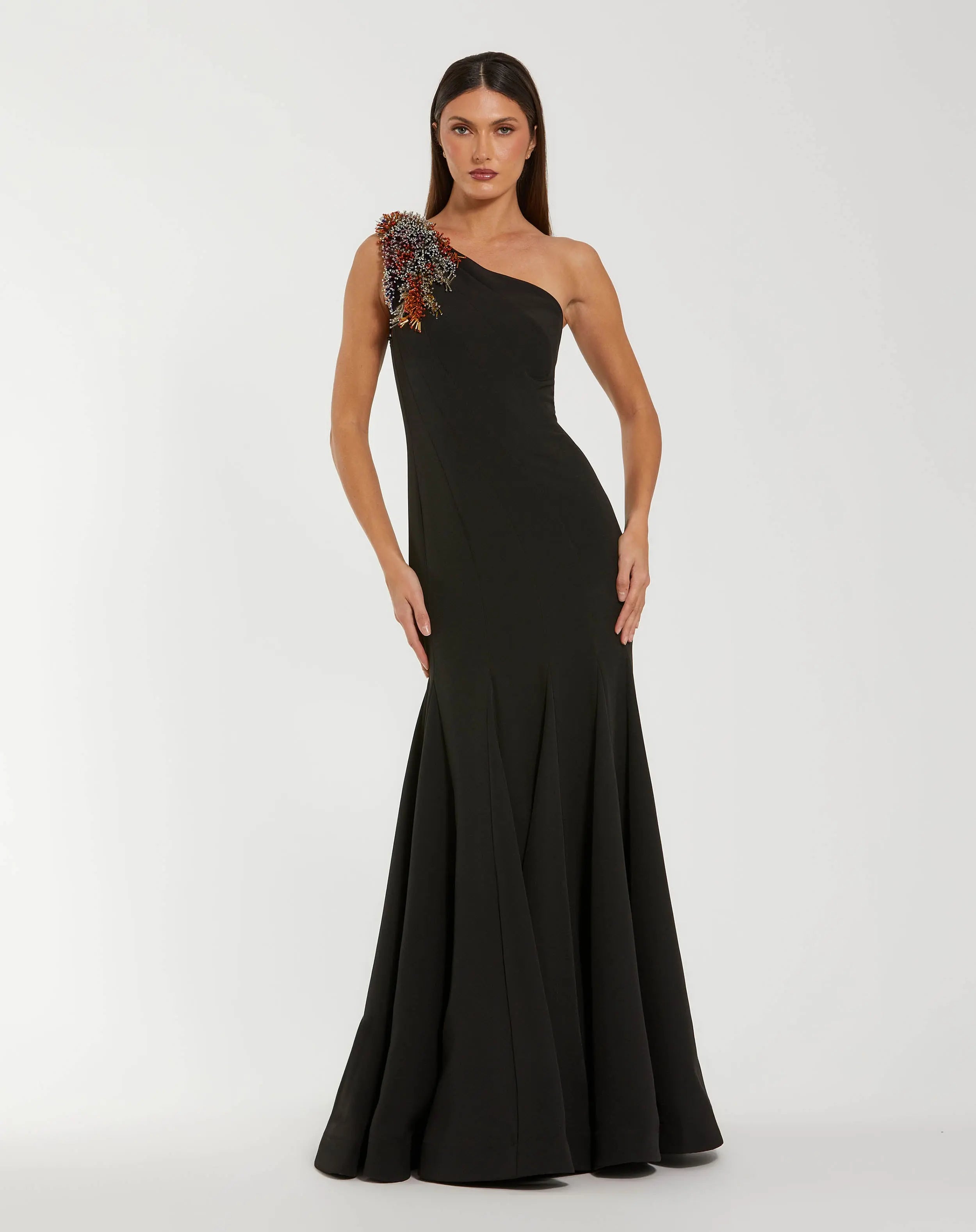 Black One Shoulder Beaded Mermaid Gown-Myartka