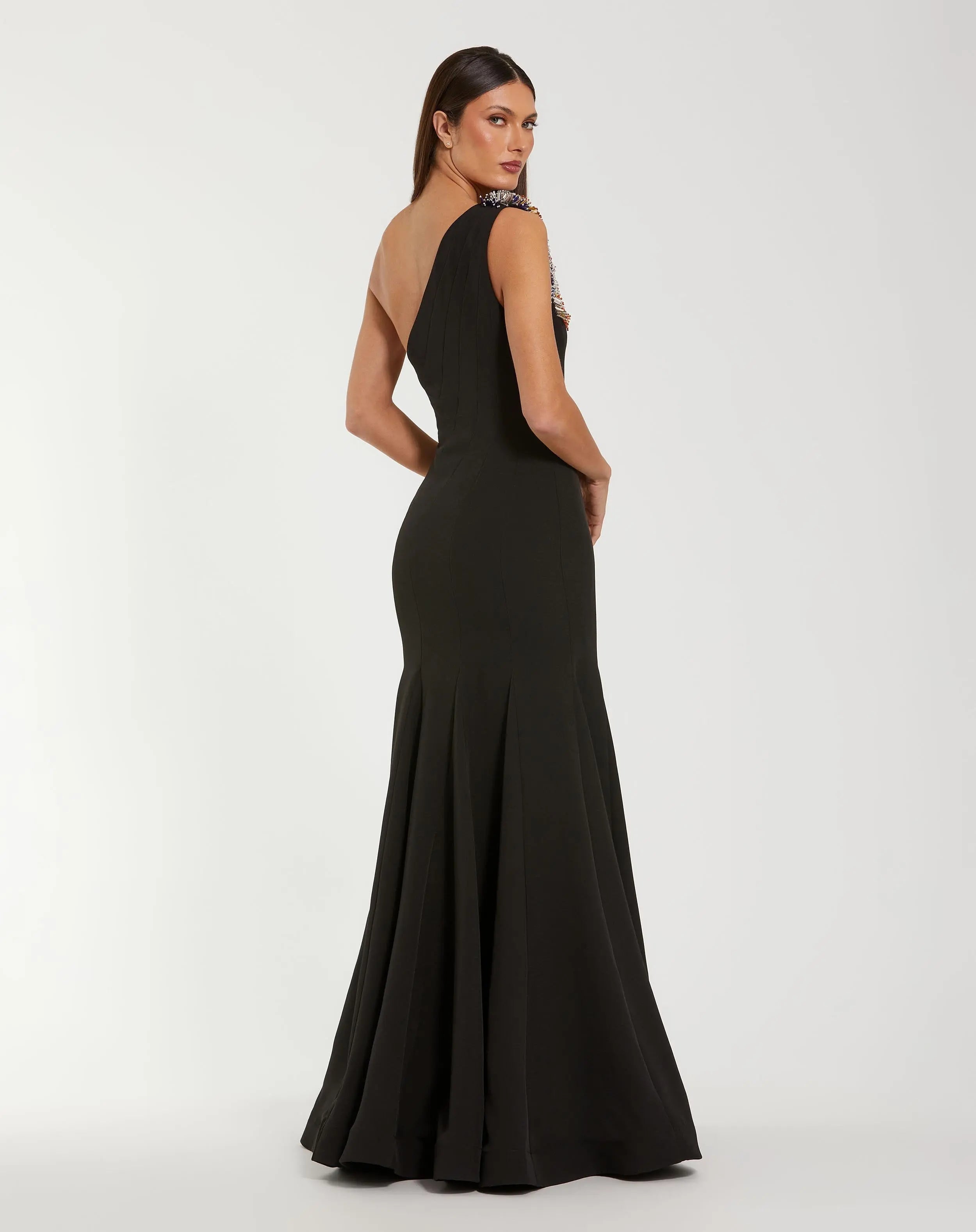 Black One Shoulder Beaded Mermaid Gown-Myartka