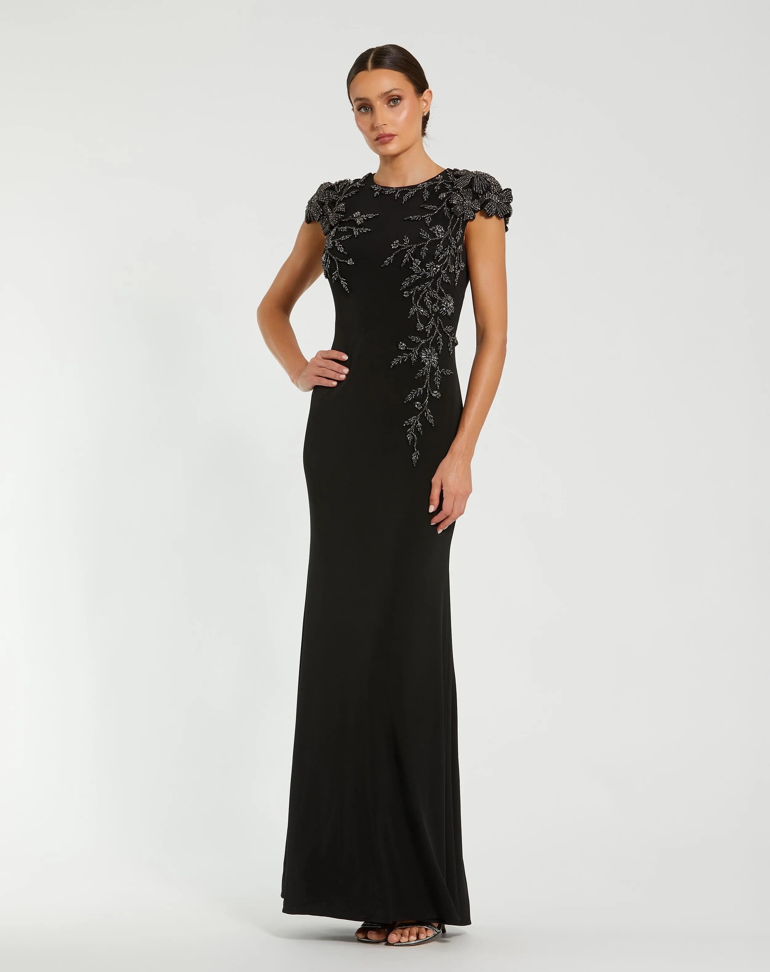 Black Cap Sleeve Jersey Column Gown With Beaded Flowers-Myartka