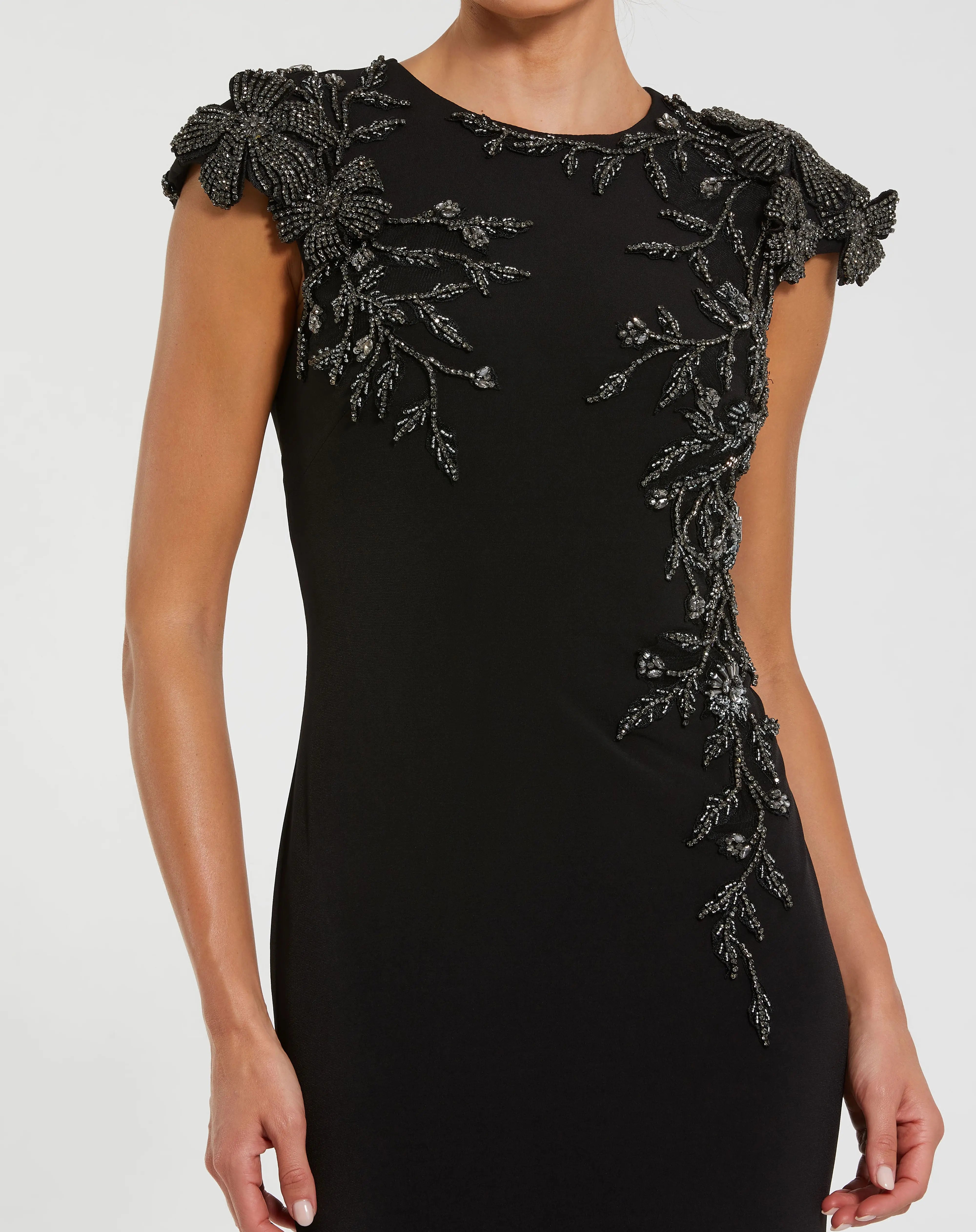 Black Cap Sleeve Jersey Column Gown With Beaded Flowers-Myartka