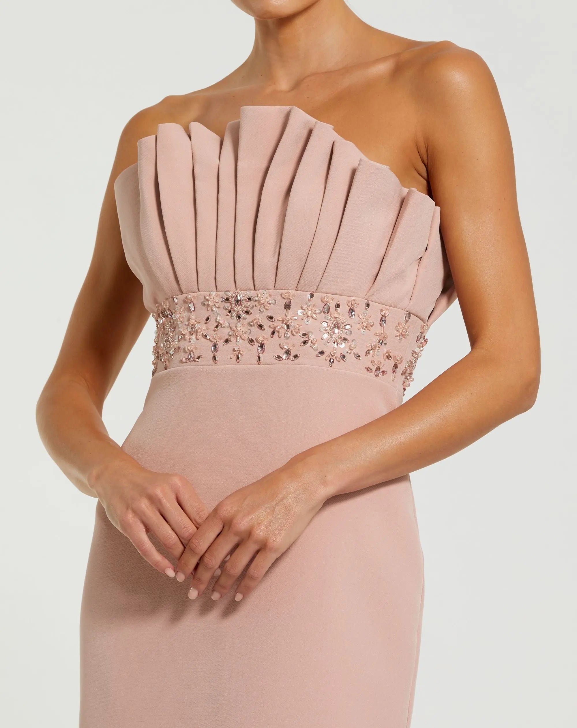 Pink Strapless Crepe Gown With Crystal Embellishments-Myartka