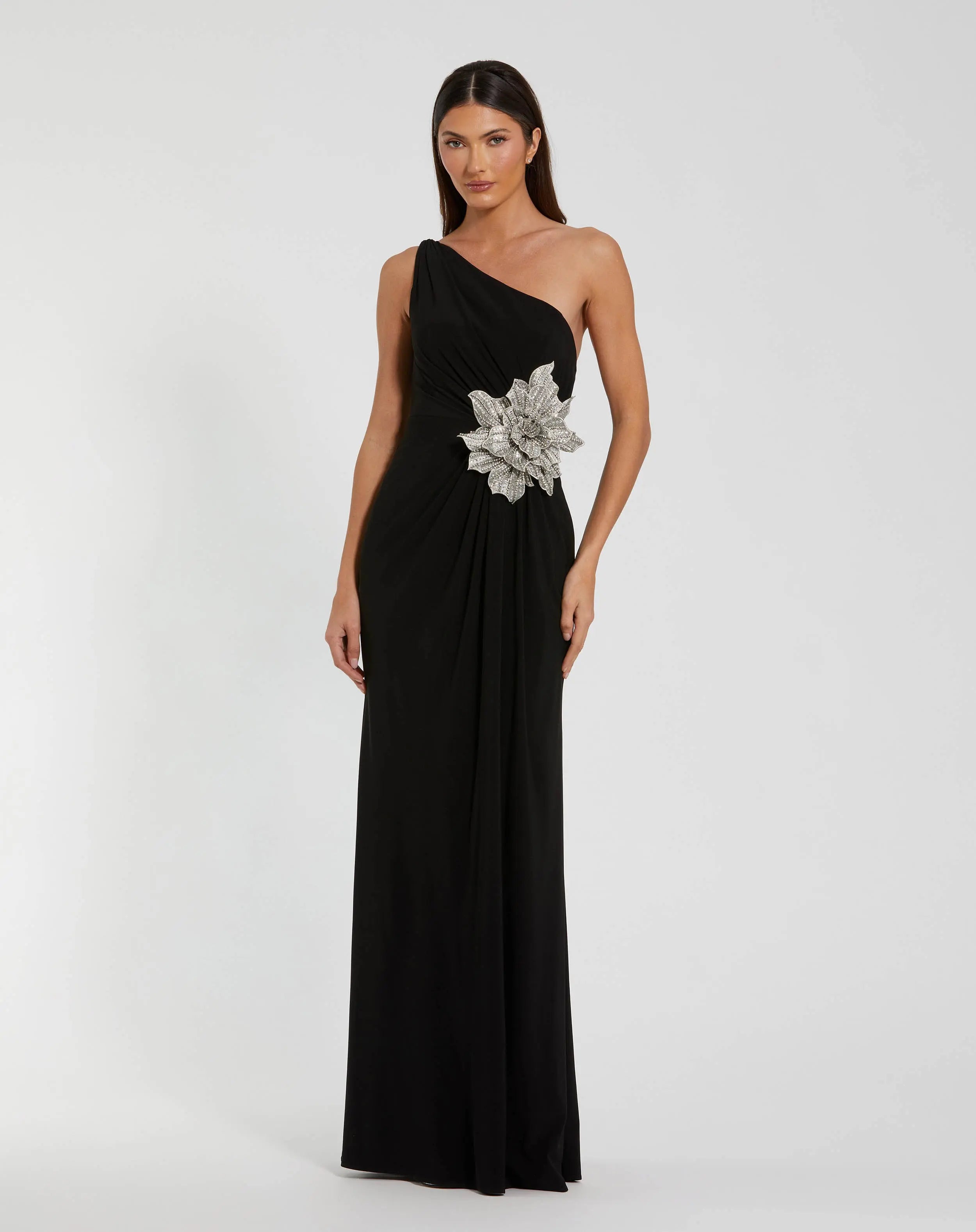 Black One Shoulder Jersey Gown With Rhinestone Flower-Myartka