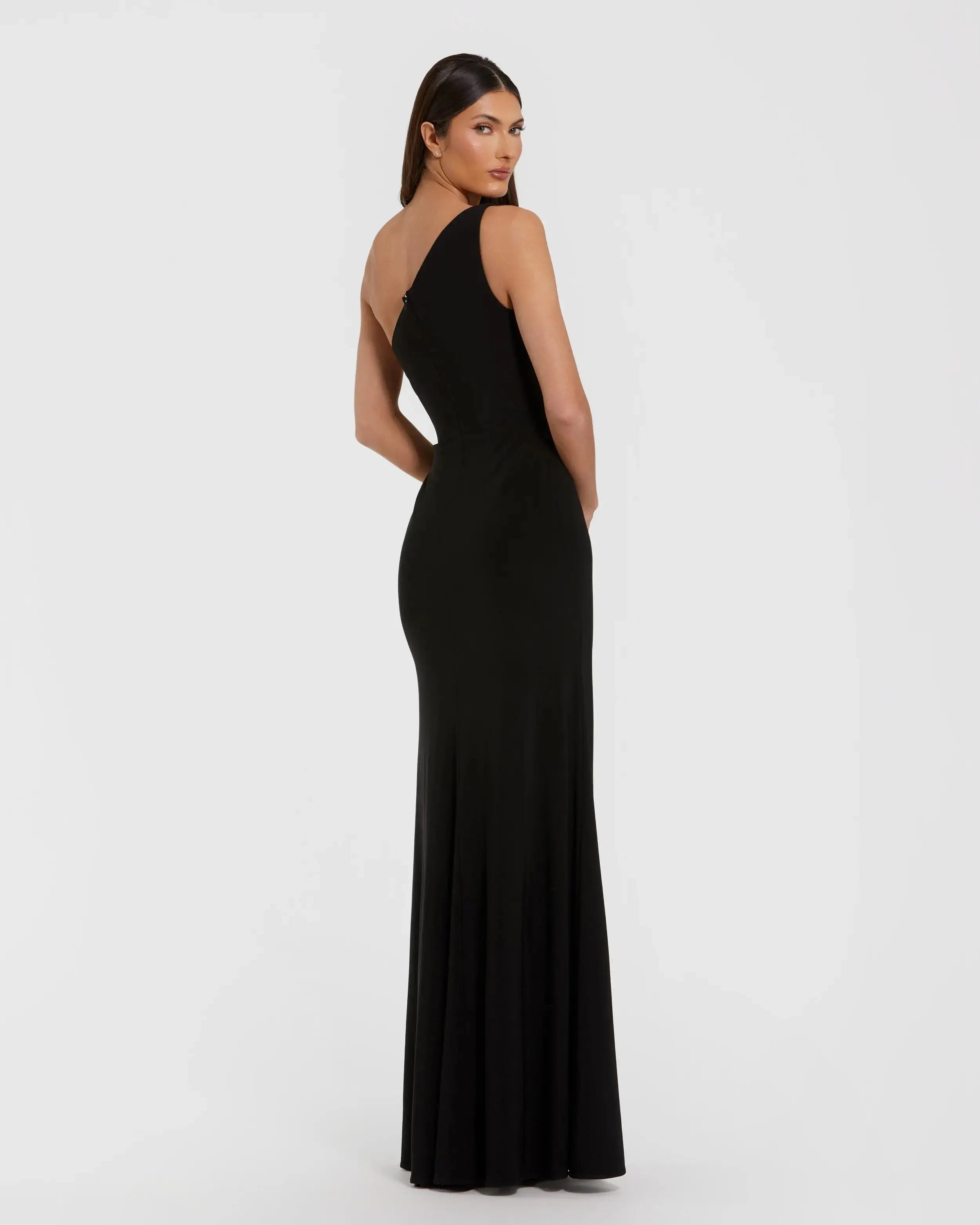 Black One Shoulder Jersey Gown With Rhinestone Flower-Myartka